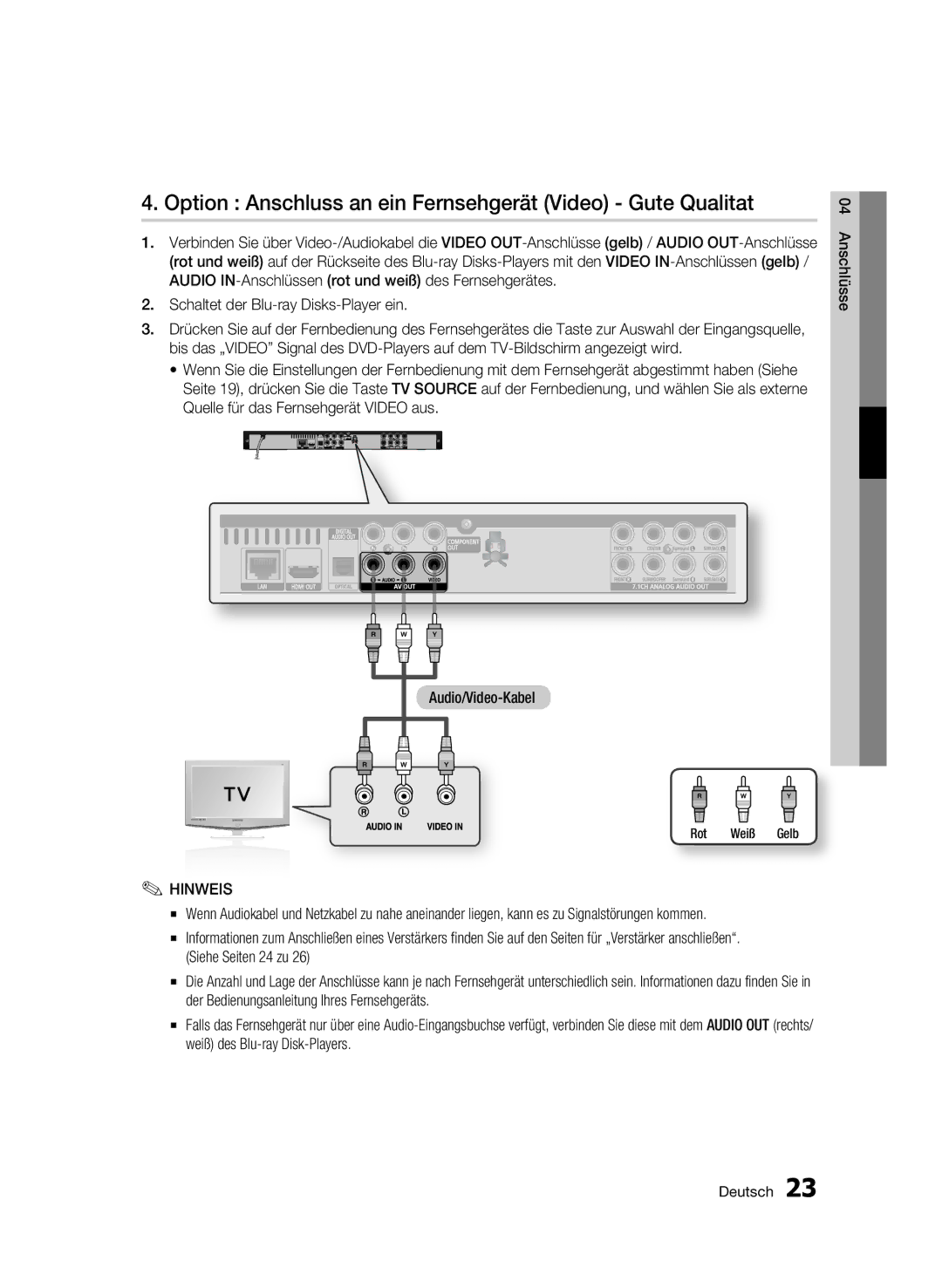 Samsung BD-C6500/XEE manual Option Anschluss an ein Fernsehgerät Video Gute Qualitat, Schaltet der Blu-ray Disks-Player ein 