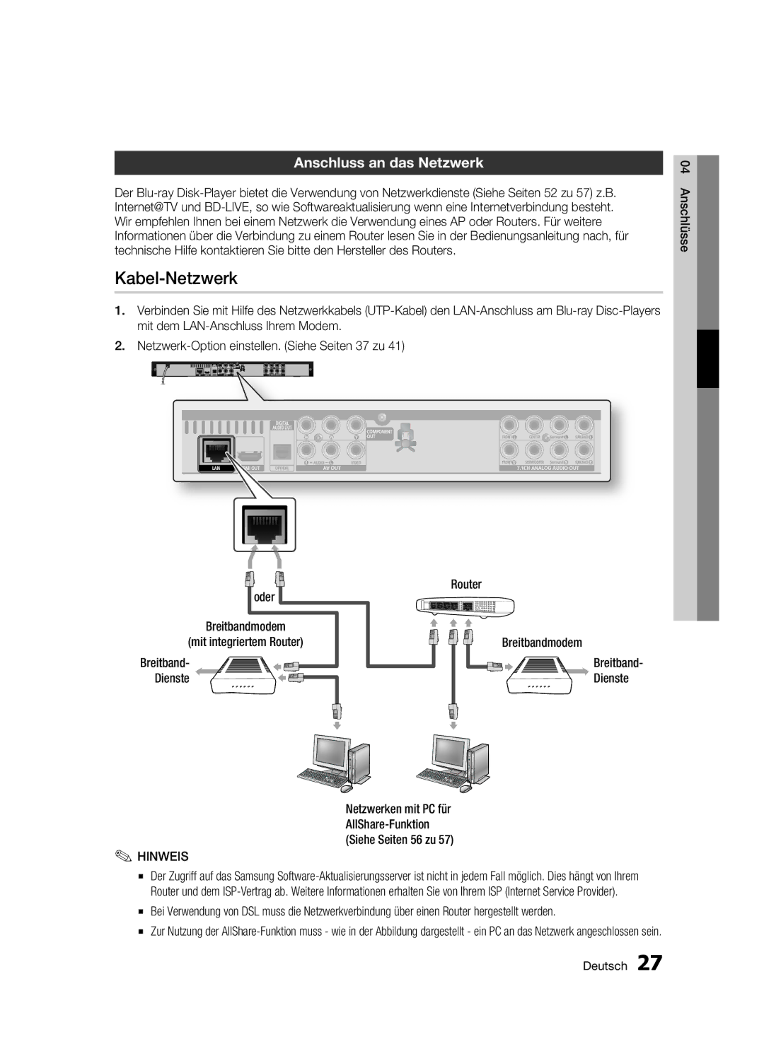 Samsung BD-C6500/XEF, BD-C6500/XEN, BD-C6500/EDC, BD-C6500/XAA, BD-C6500/XEE manual Kabel-Netzwerk, Anschluss an das Netzwerk 