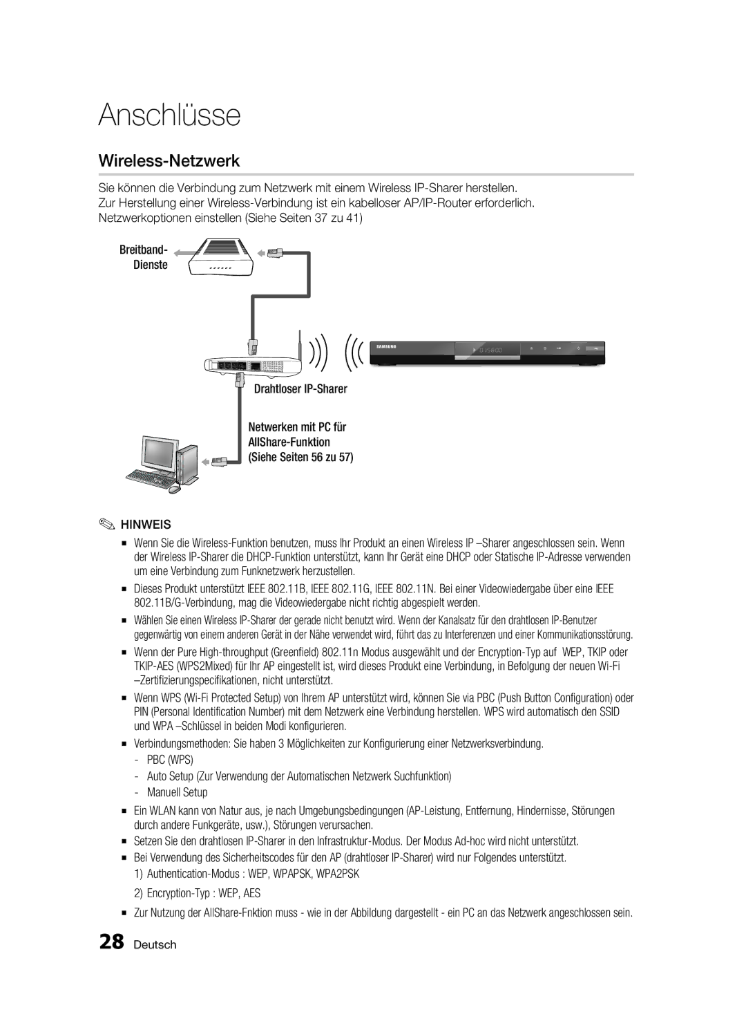 Samsung BD-C6500/XEE, BD-C6500/XEN, BD-C6500/EDC, BD-C6500/XAA, BD-C6500/XEF manual Wireless-Netzwerk, Pbc Wps 