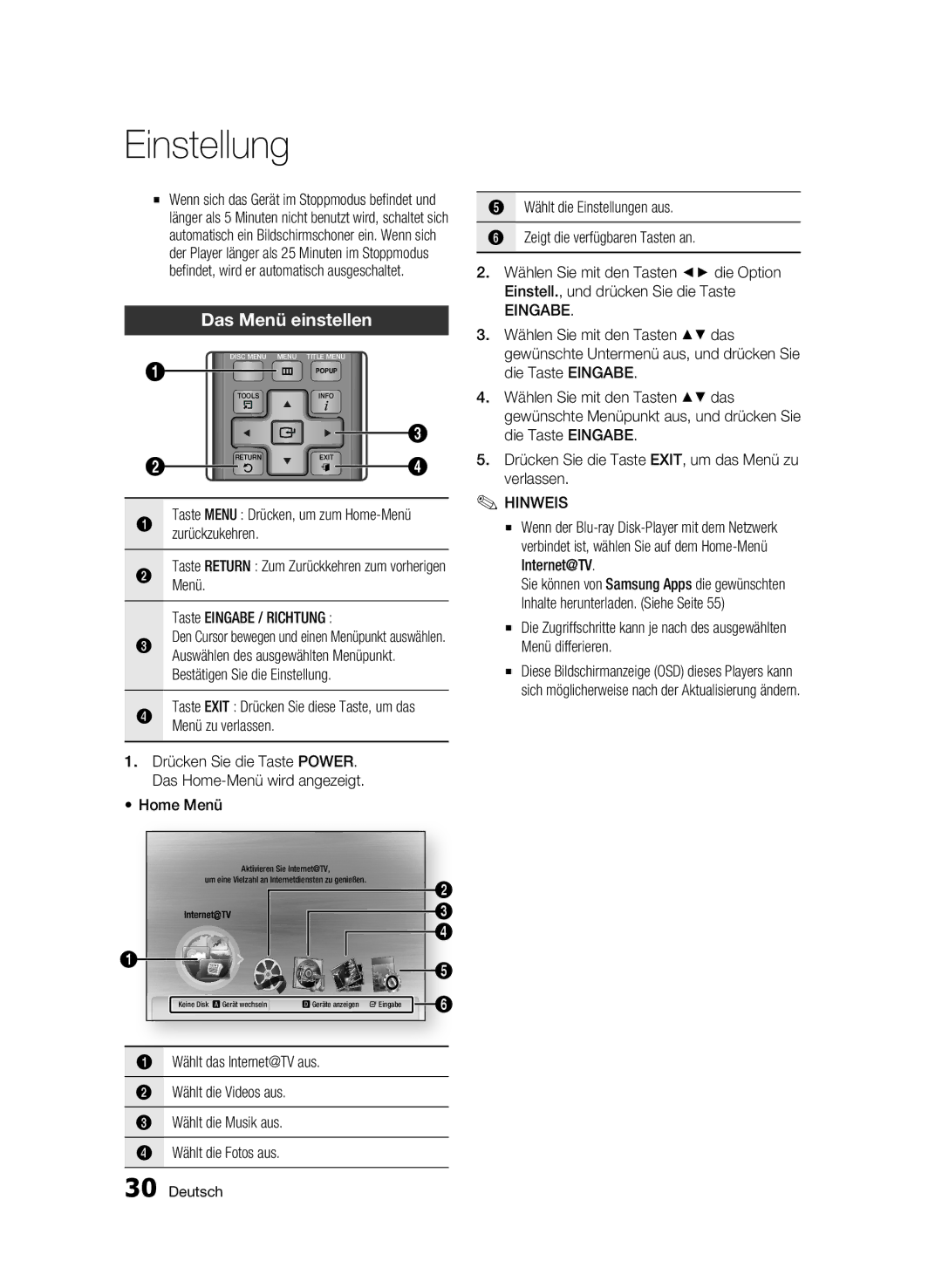 Samsung BD-C6500/EDC, BD-C6500/XEN, BD-C6500/XAA, BD-C6500/XEF, BD-C6500/XEE manual Das Menü einstellen, Home Menü, Eingabe 