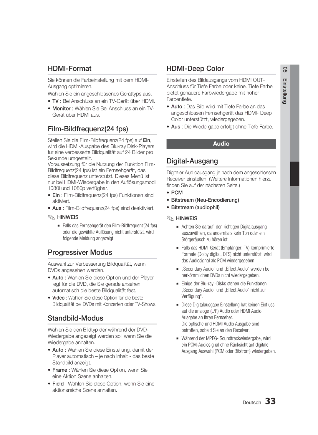 Samsung BD-C6500/XEE manual HDMI-Format, Film-Bildfrequenz24 fps, Progressiver Modus, Standbild-Modus, HDMI-Deep Color 