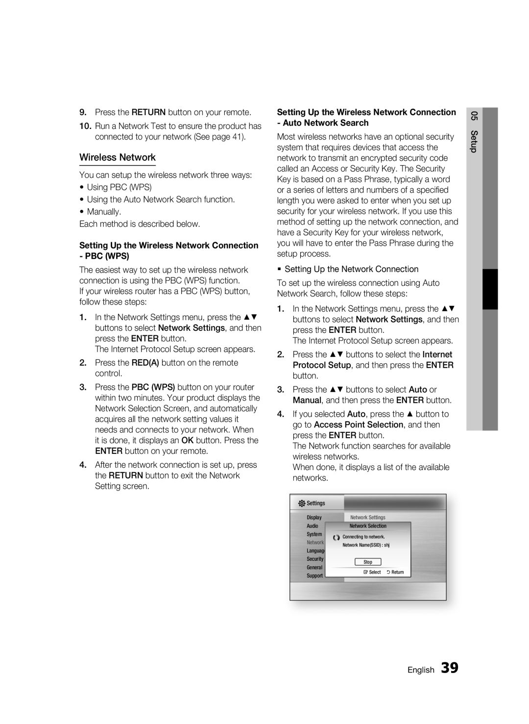 Samsung BD-C6500/XEN manual Wireless Network, Press the Return button on your remote,  Setting Up the Network Connection 