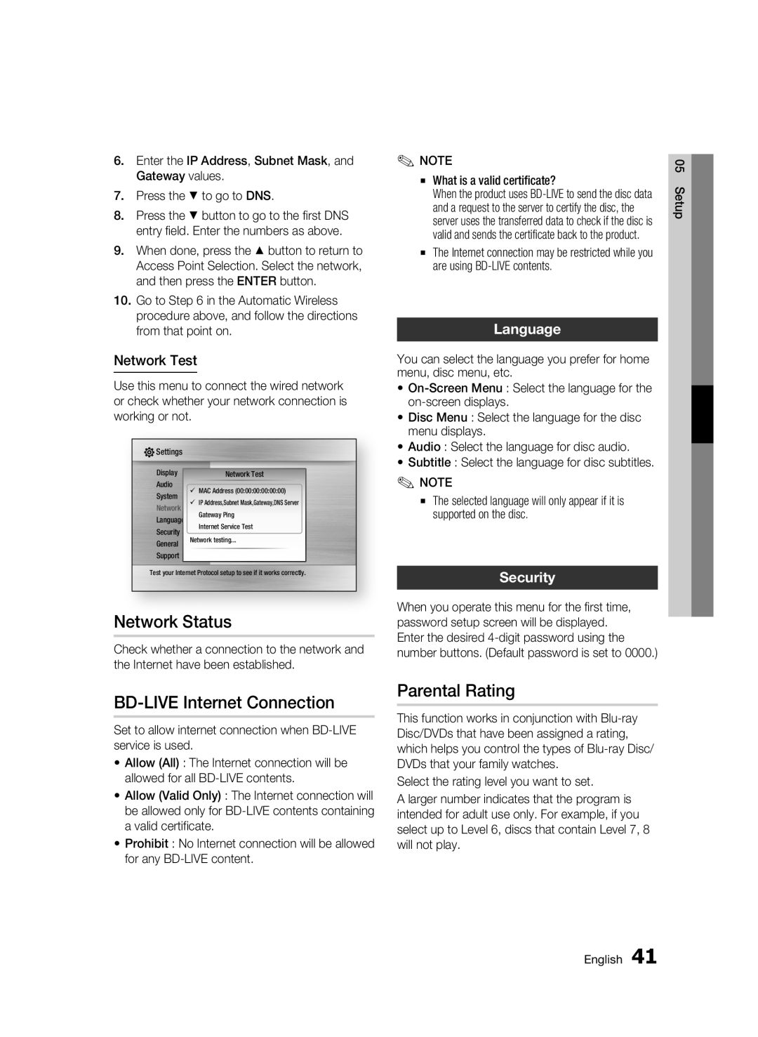 Samsung BD-C6500/XAA, BD-C6500/XEN manual Network Status, BD-LIVE Internet Connection, Parental Rating, Language, Security 