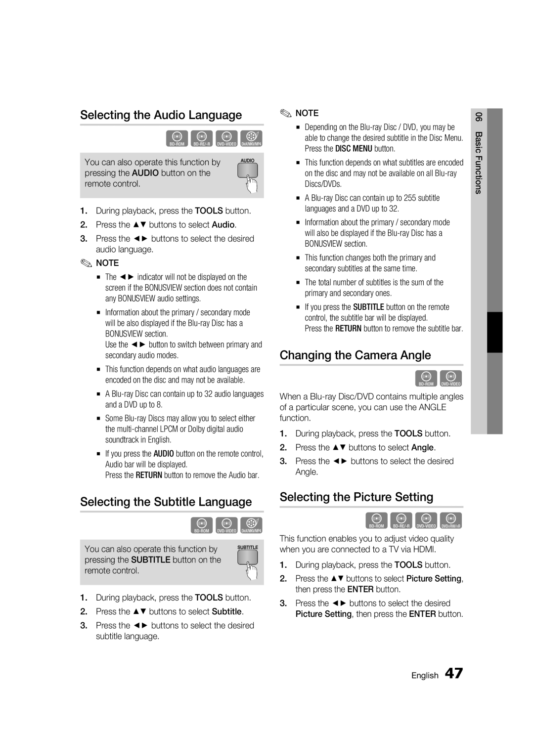 Samsung BD-C6500/XEF manual Selecting the Audio Language, Changing the Camera Angle, Selecting the Subtitle Language 