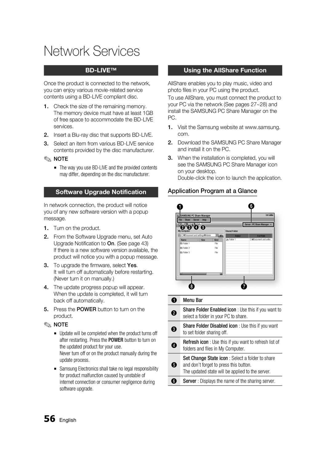 Samsung BD-C6500/XAA manual Using the AllShare Function, Software Upgrade Notification, Application Program at a Glance 