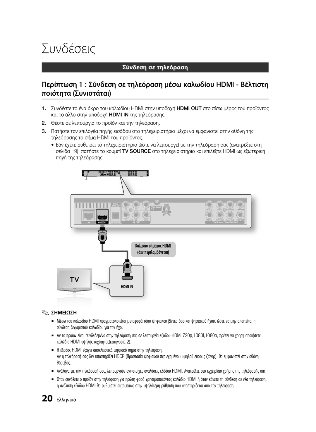 Samsung BD-C6500/XEN, BD-C6500/EDC, BD-C6500/XAA, BD-C6500/XEF, BD-C6500/XEE manual Συνδέσεις, Σύνδεση σε τηλεόραση 