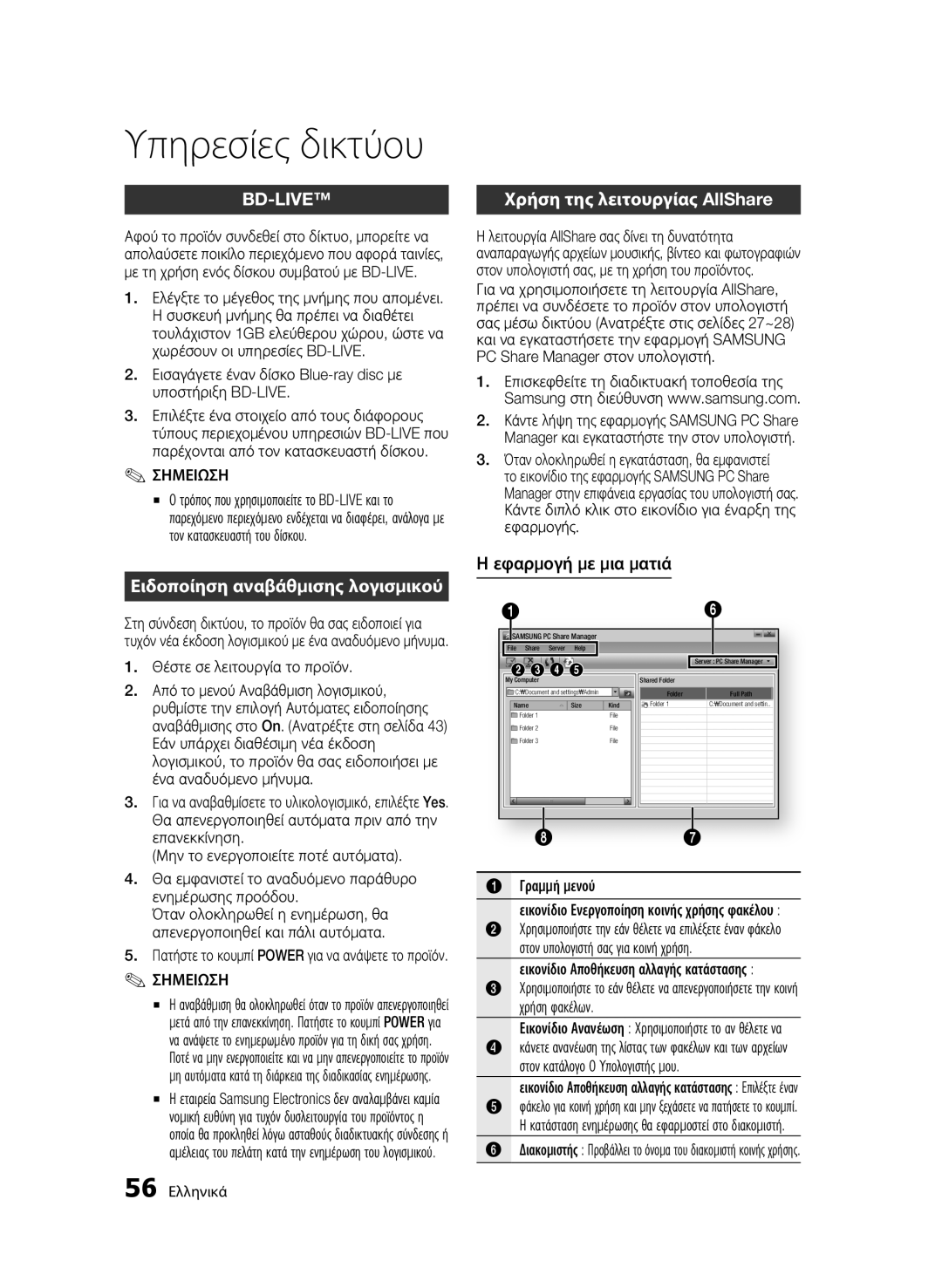 Samsung BD-C6500/EDC manual Χρήση της λειτουργίας AllShare, Ειδοποίηση αναβάθμισης λογισμικού, Εφαρμογή με μια ματιά 