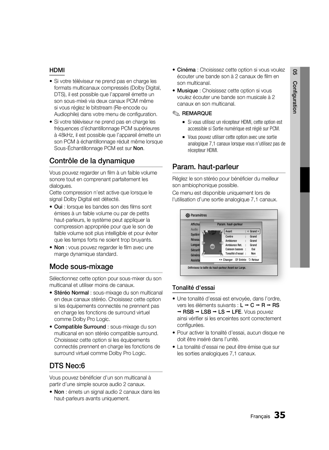 Samsung BD-C6500/XAA, BD-C6500/XEN manual Contrôle de la dynamique, Mode sous-mixage, Param. haut-parleur, Tonalité dessai 