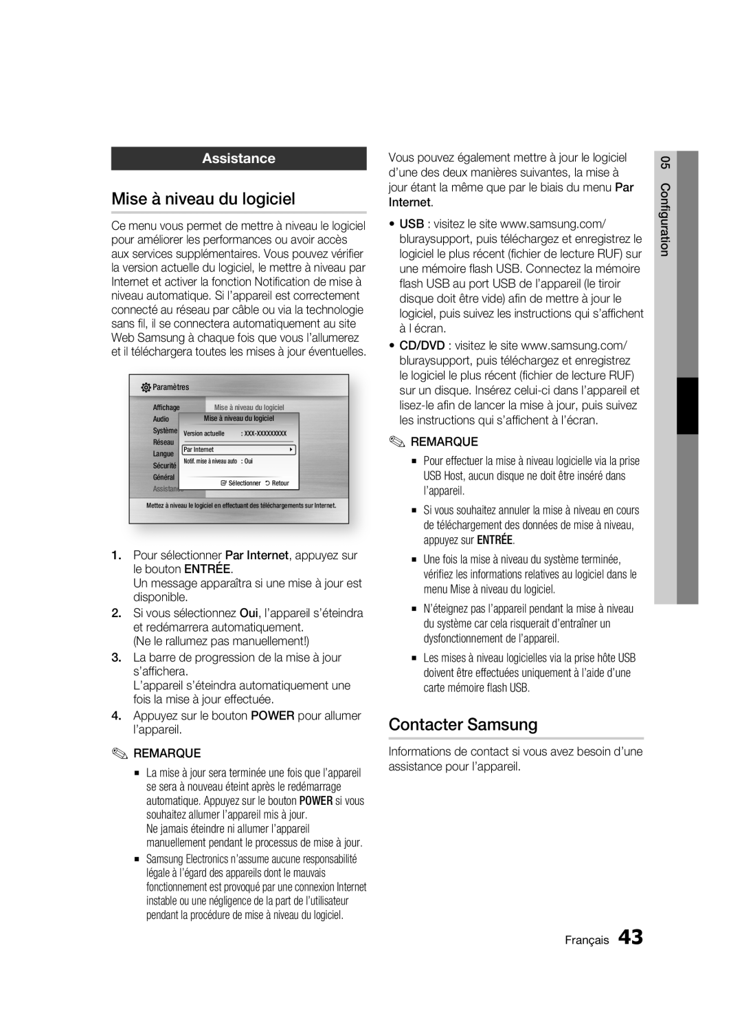 Samsung BD-C6500/XEN, BD-C6500/EDC, BD-C6500/XAA manual Mise à niveau du logiciel, Contacter Samsung, Assistance, Internet 