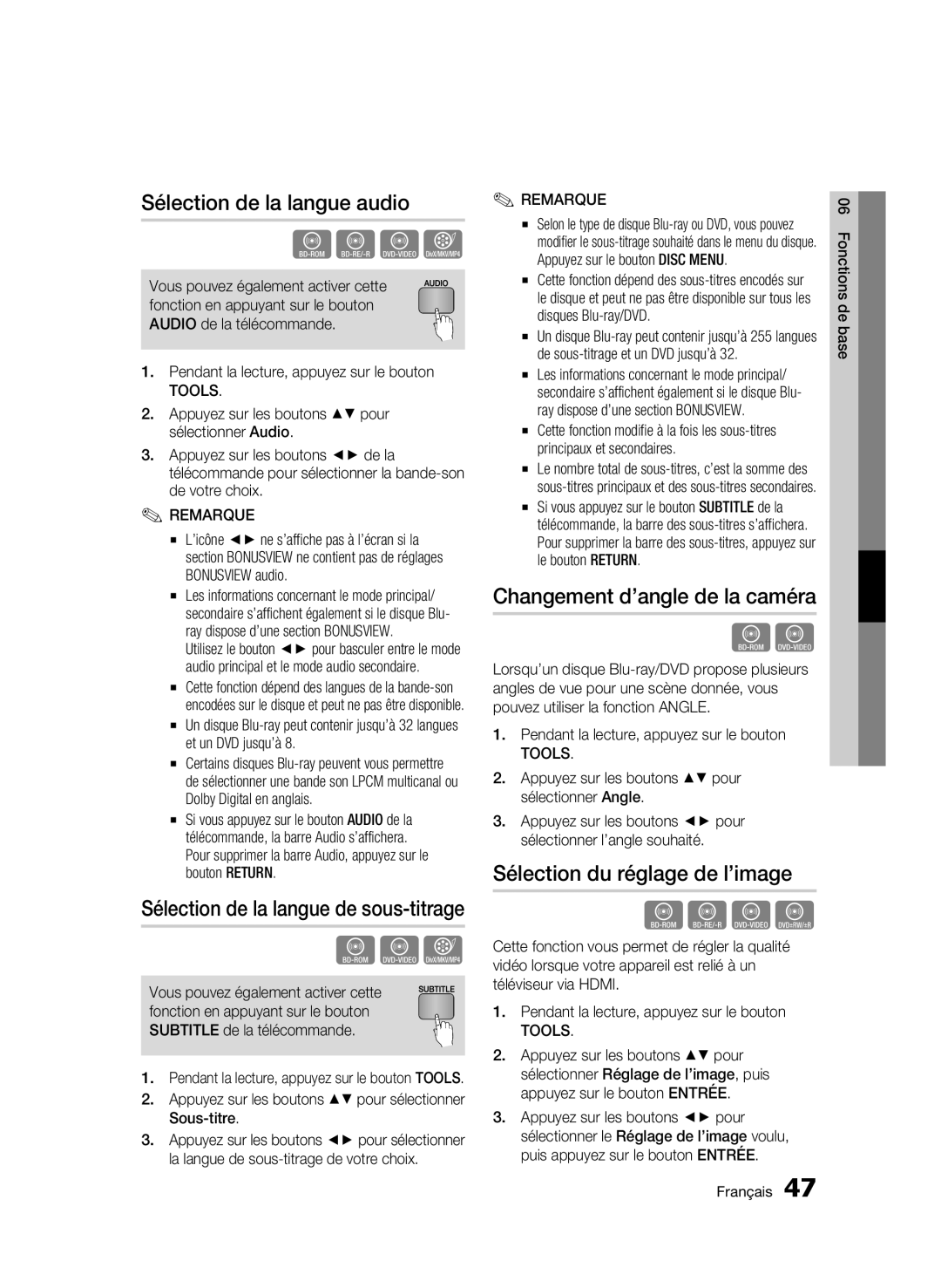 Samsung BD-C6500/XEE manual Sélection de la langue audio, Changement d’angle de la caméra, Sélection du réglage de l’image 