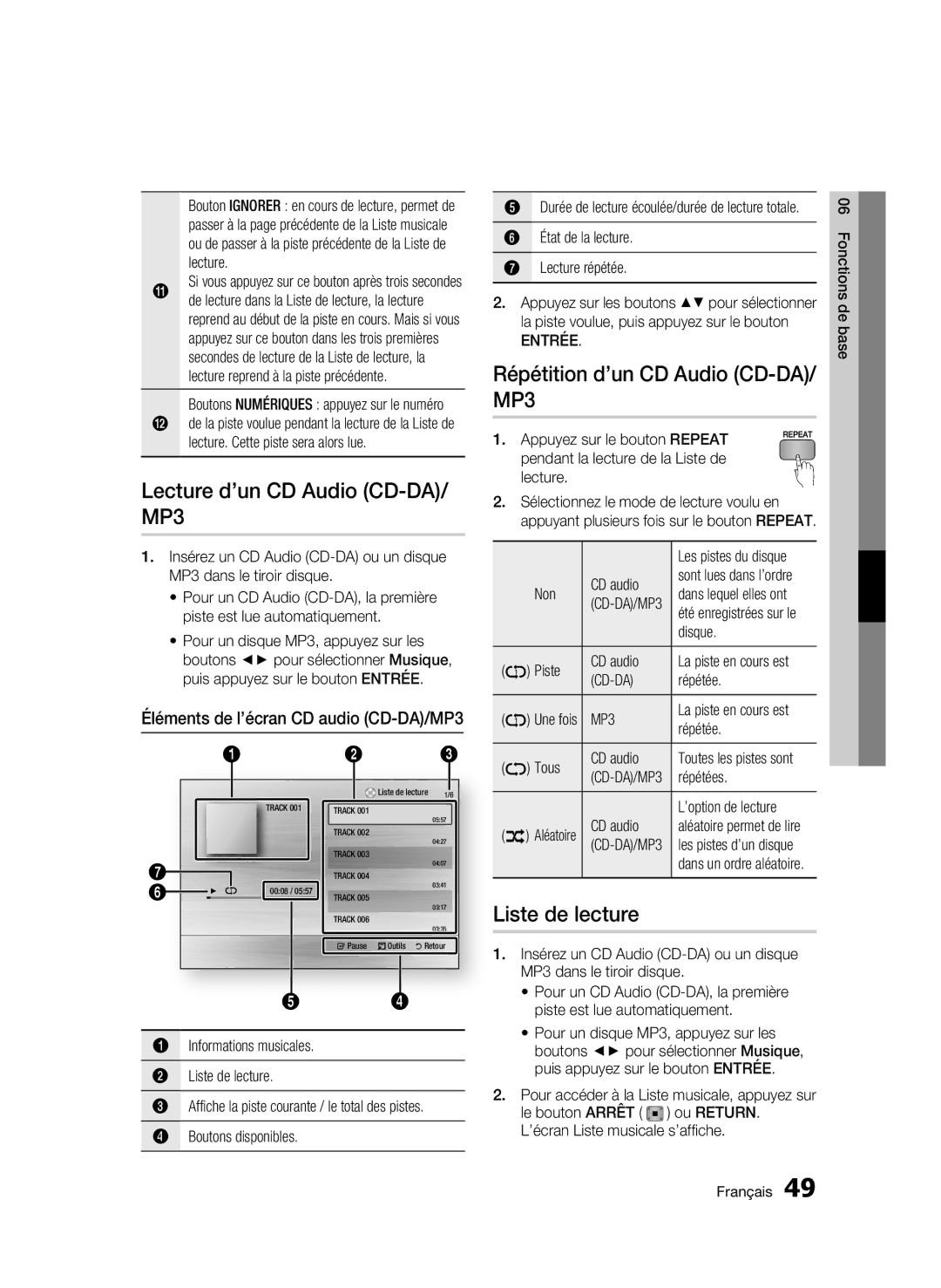 Samsung BD-C6500/EDC, BD-C6500/XEN Lecture d’un CD Audio CD-DA/ MP3, Répétition d’un CD Audio CD-DA/ MP3, Liste de lecture 