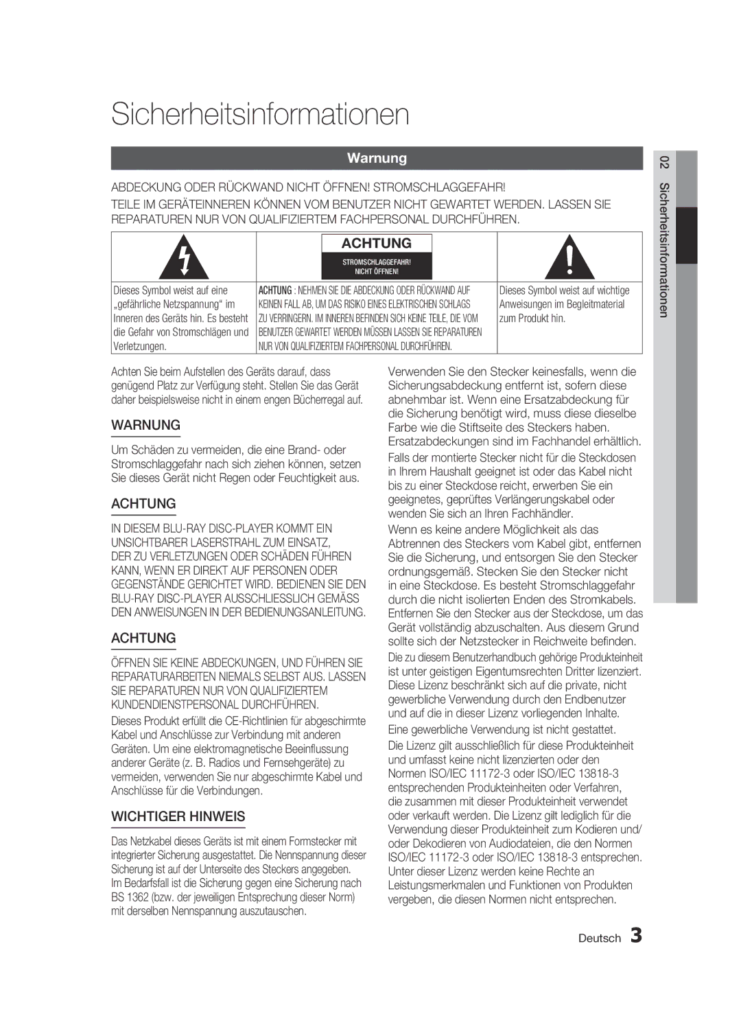 Samsung BD-C6500/XAA manual Sicherheitsinformationen, Warnung, Abdeckung Oder Rückwand Nicht ÖFFNEN! Stromschlaggefahr 