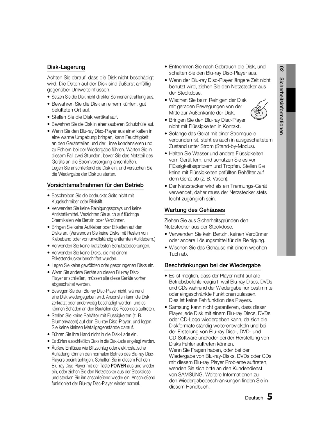 Samsung BD-C6500/XEE, BD-C6500/XEN, BD-C6500/EDC Disk-Lagerung, Vorsichtsmaßnahmen für den Betrieb, Wartung des Gehäuses 