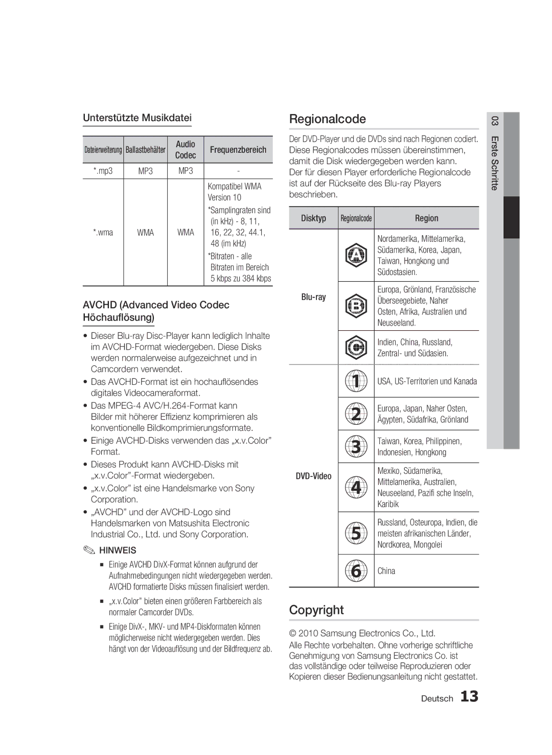 Samsung BD-C6500/XAA, BD-C6500/XEN manual Regionalcode, Unterstützte Musikdatei, Avchd Advanced Video Codec Höchauflösung 