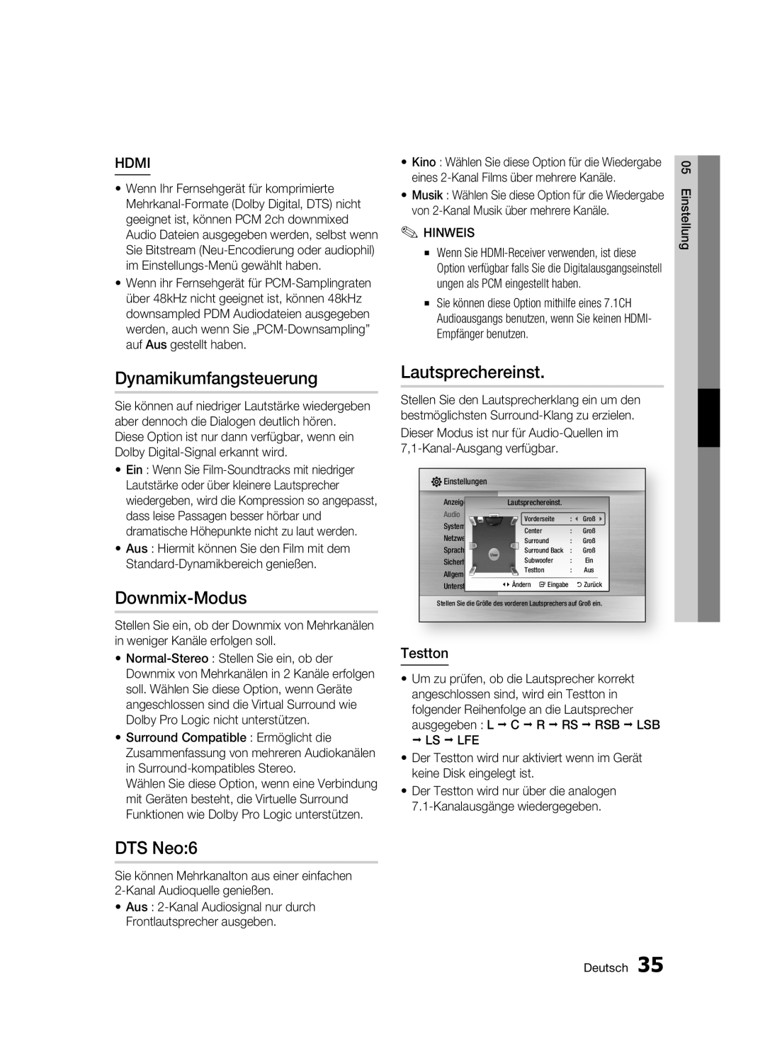 Samsung BD-C6500/XEE, BD-C6500/XEN, BD-C6500/EDC manual Dynamikumfangsteuerung, Downmix-Modus, Lautsprechereinst, Testton 