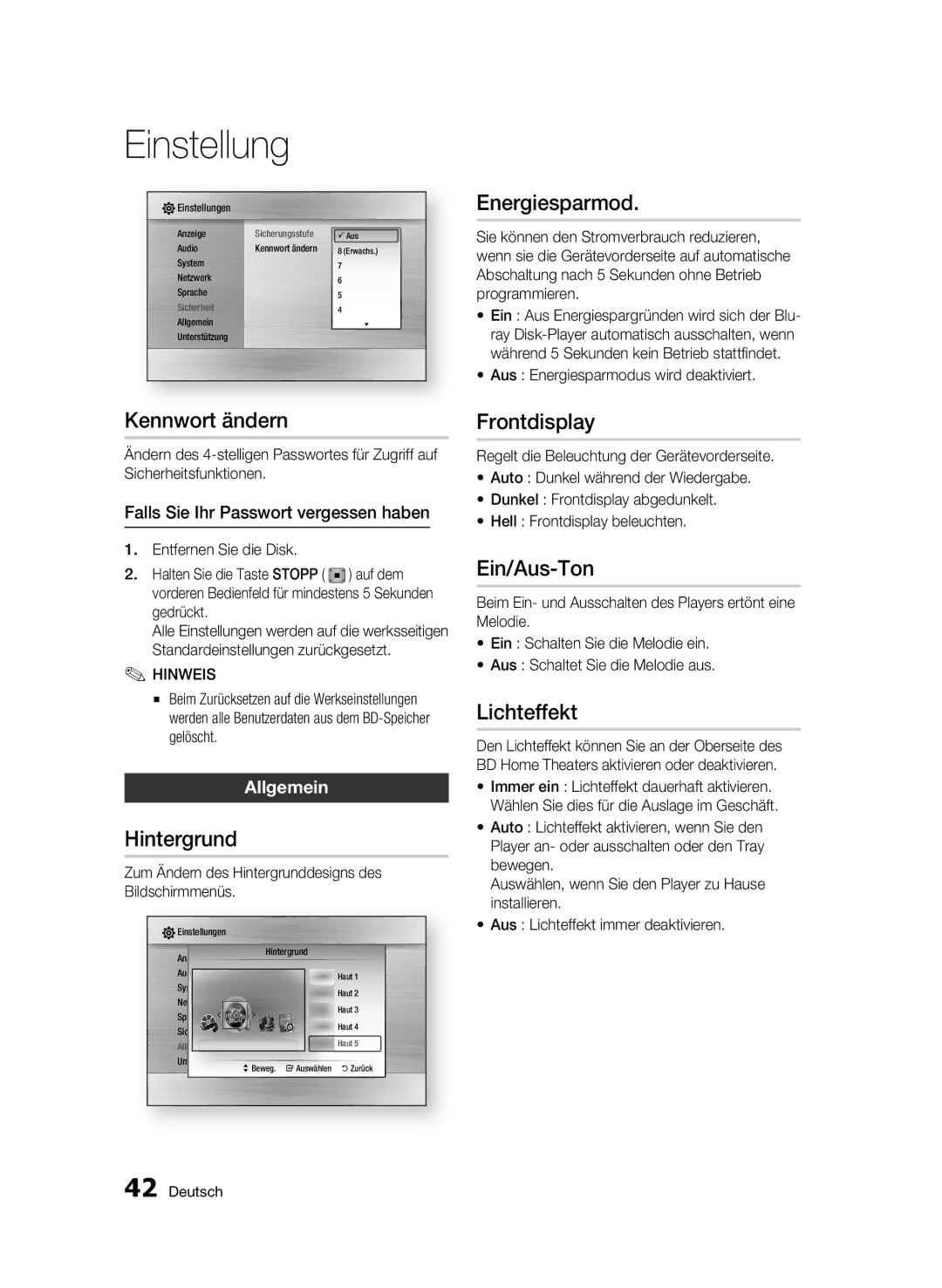 Samsung BD-C6500/EDC, BD-C6500/XEN Kennwort ändern, Hintergrund, Energiesparmod, Frontdisplay, Ein/Aus-Ton, Lichteffekt 