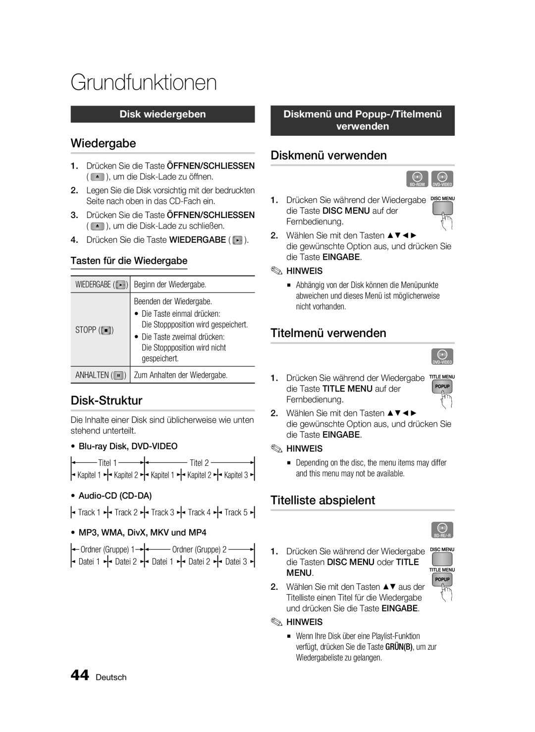 Samsung BD-C6500/XEF, BD-C6500/XEN, BD-C6500/EDC, BD-C6500/XAA, BD-C6500/XEE manual Grundfunktionen 