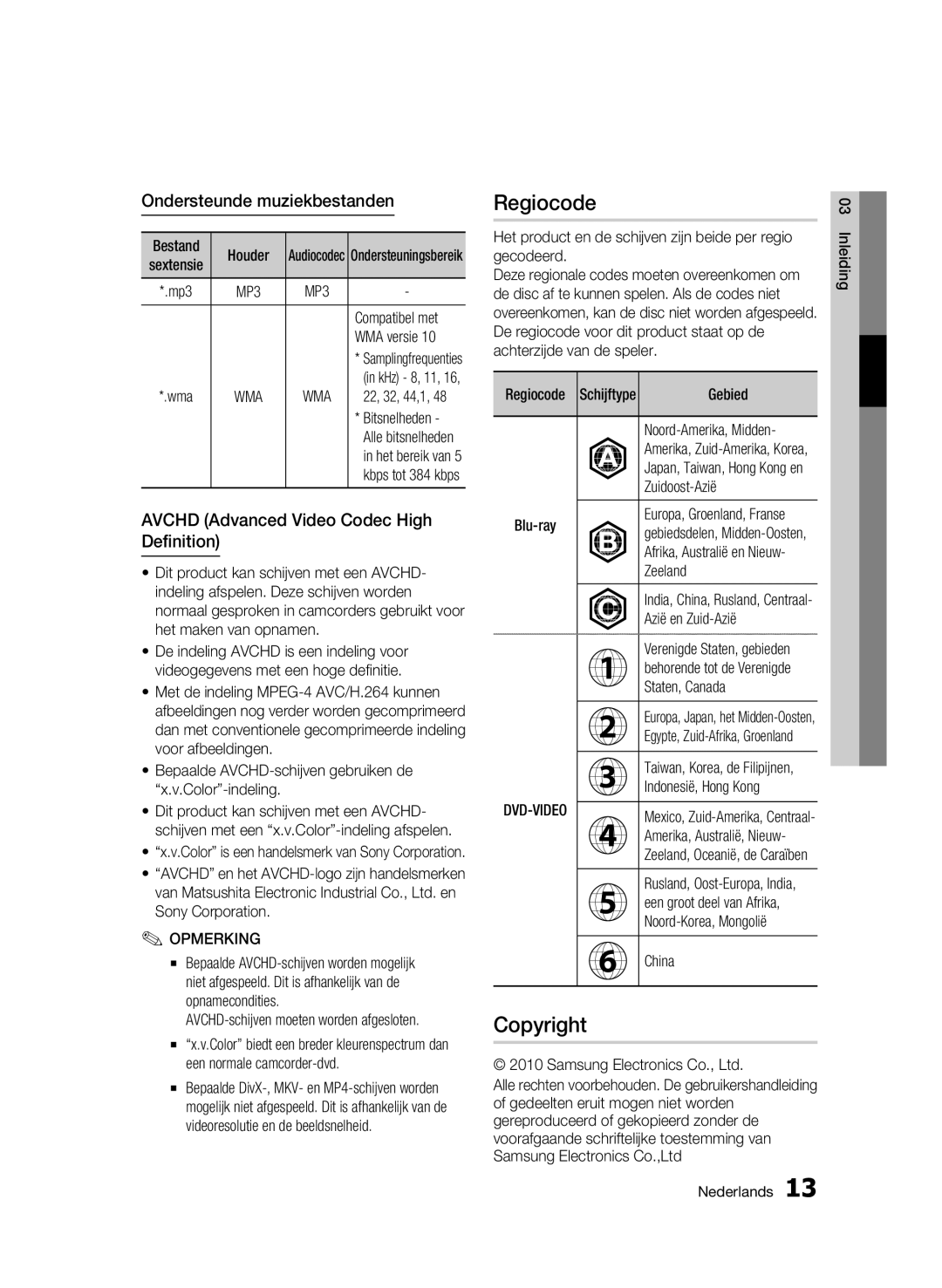 Samsung BD-C6500/XEE, BD-C6500/XEN, BD-C6500/EDC, BD-C6500/XAA, BD-C6500/XEF manual Regiocode, Ondersteunde muziekbestanden 