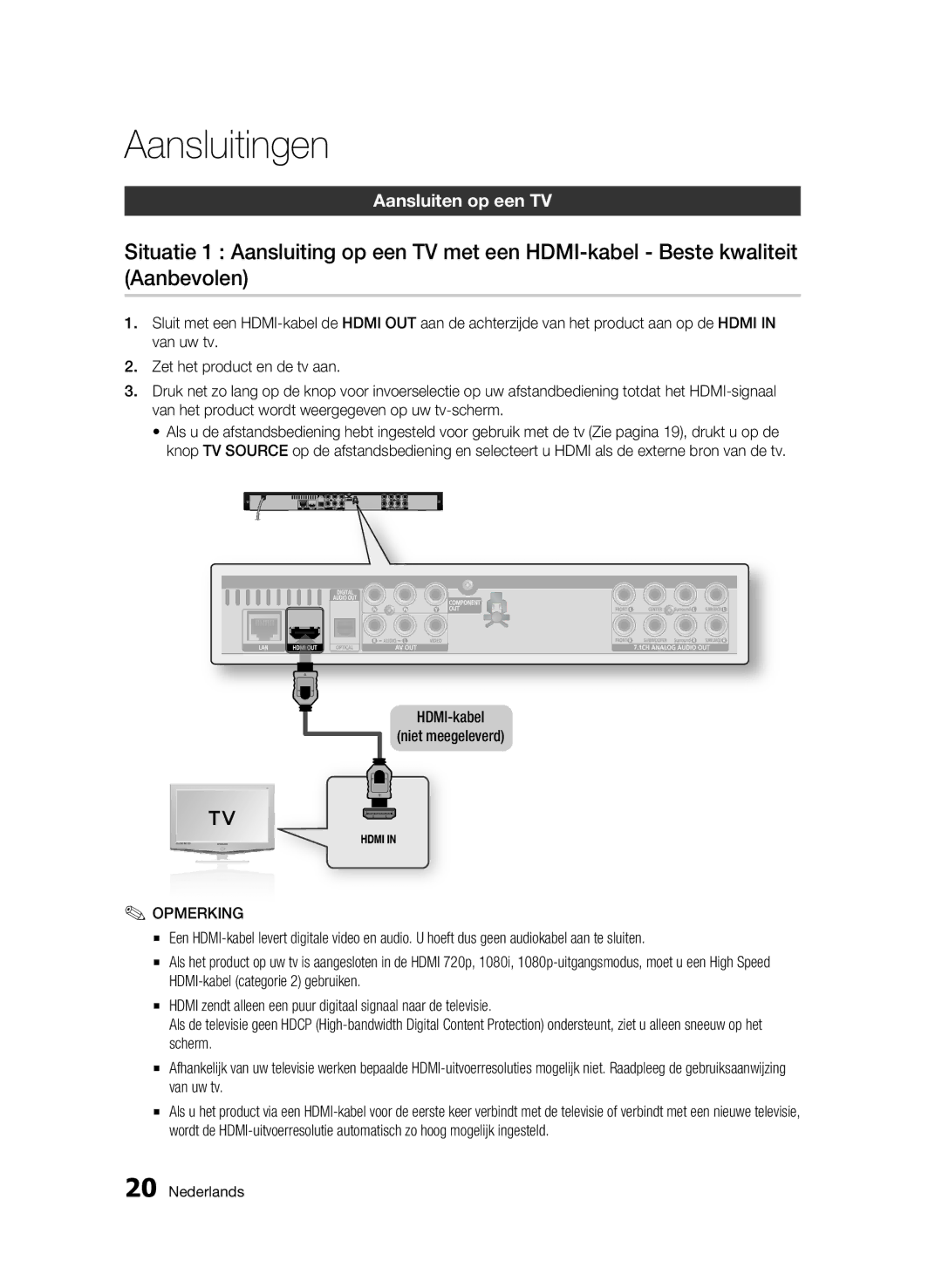 Samsung BD-C6500/EDC, BD-C6500/XEN, BD-C6500/XAA manual Aansluitingen, Aansluiten op een TV, HDMI-kabel Niet meegeleverd 