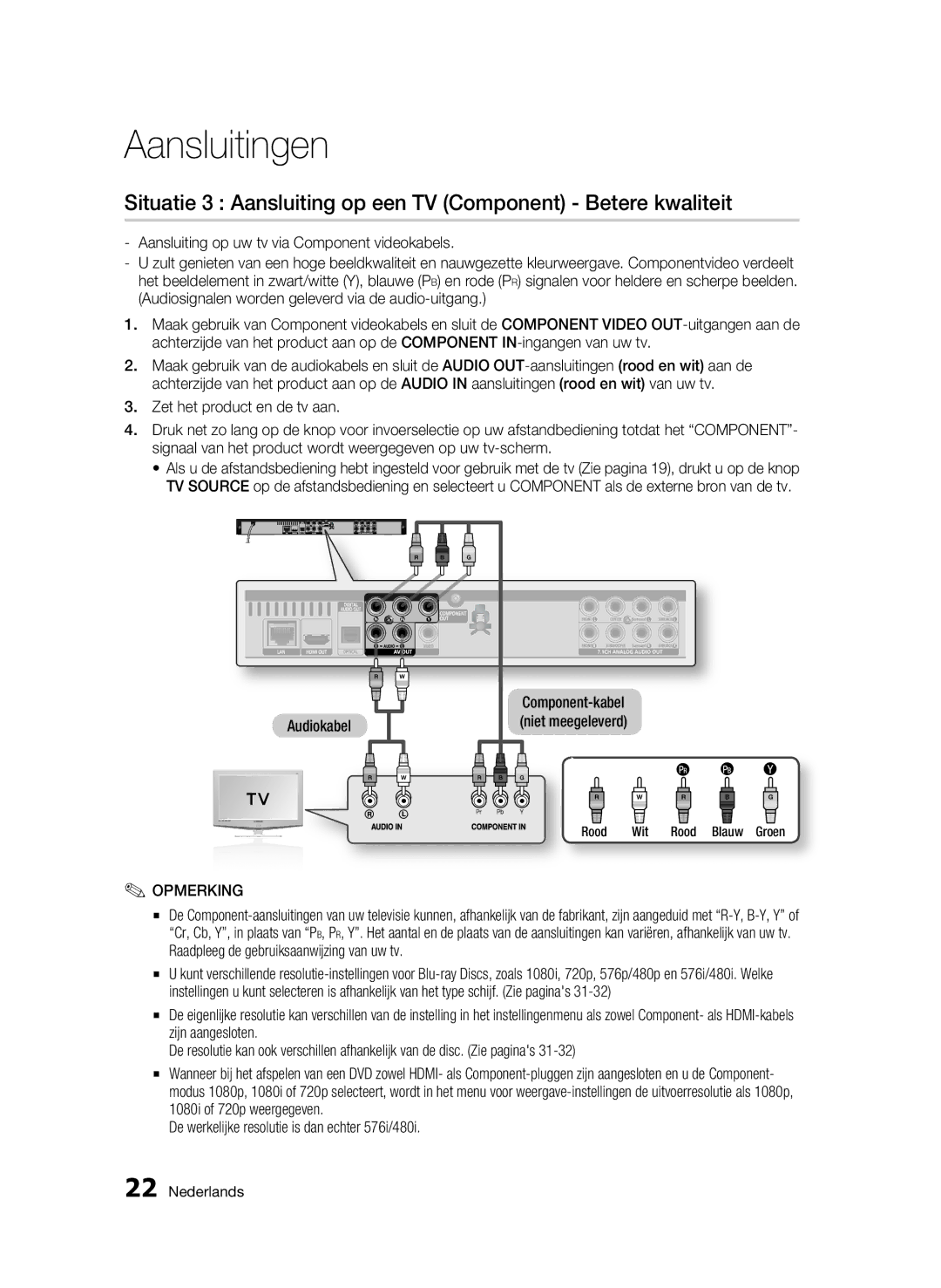 Samsung BD-C6500/XEF, BD-C6500/XEN, BD-C6500/EDC, BD-C6500/XAA Situatie 3 Aansluiting op een TV Component Betere kwaliteit 