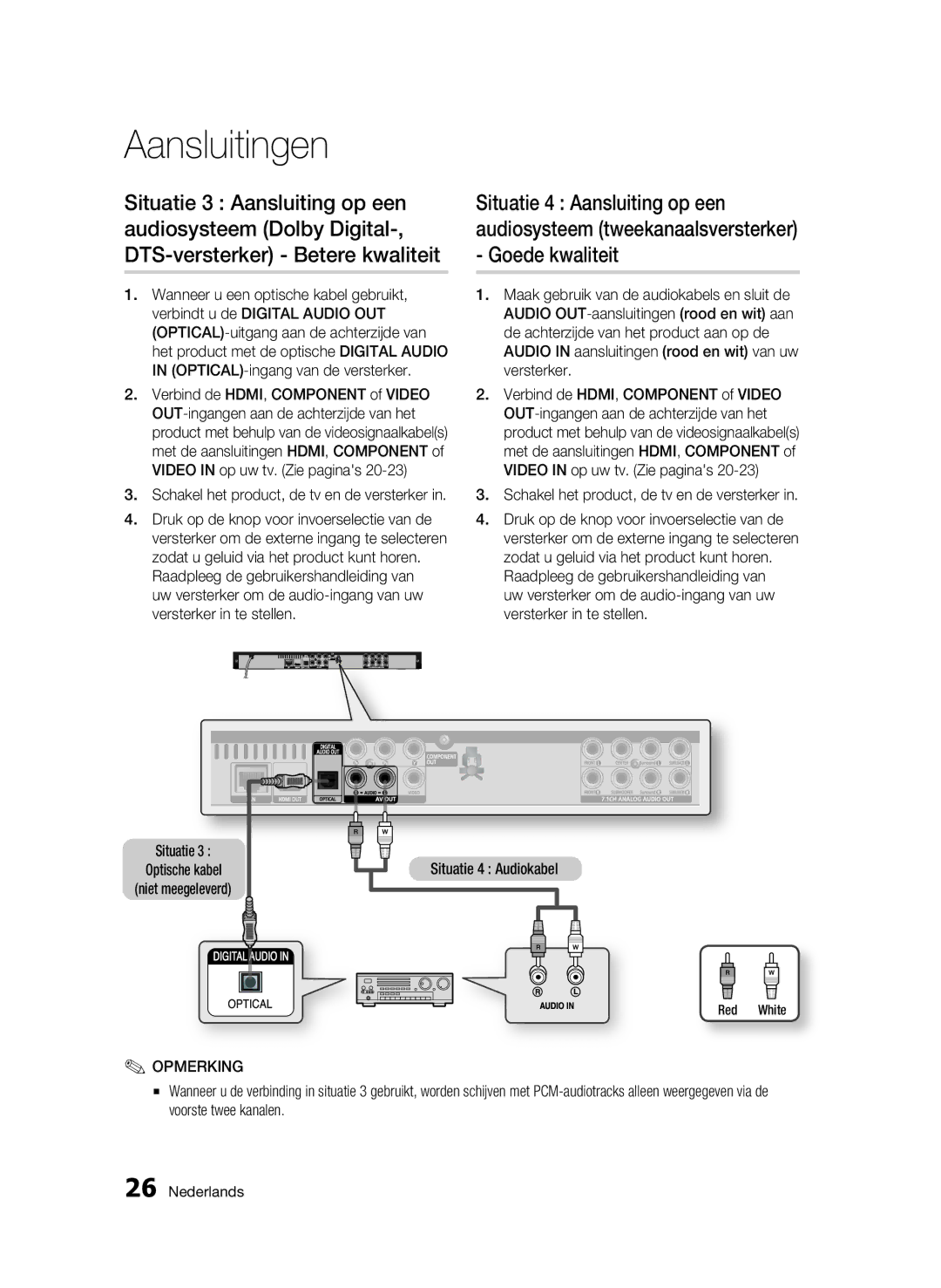 Samsung BD-C6500/XAA, BD-C6500/XEN, BD-C6500/EDC manual Situatie 4 Audiokabel, Schakel het product, de tv en de versterker 