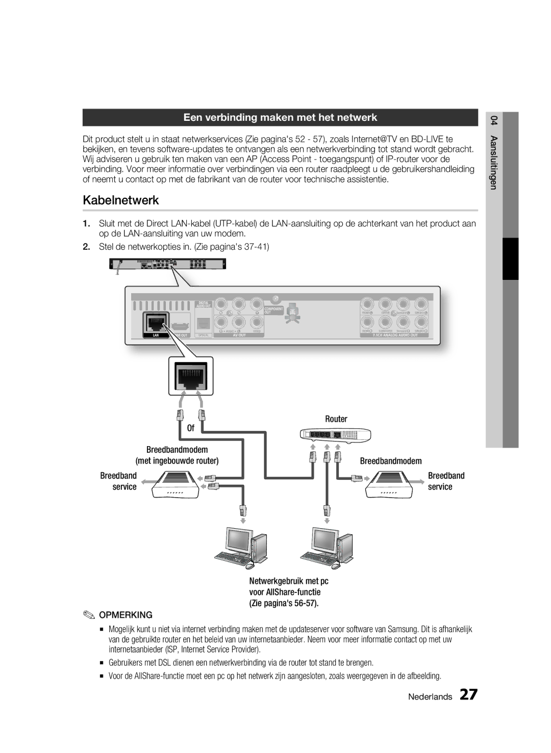 Samsung BD-C6500/XEF manual Kabelnetwerk, Een verbinding maken met het netwerk, Breedbandmodem, Met ingebouwde router 