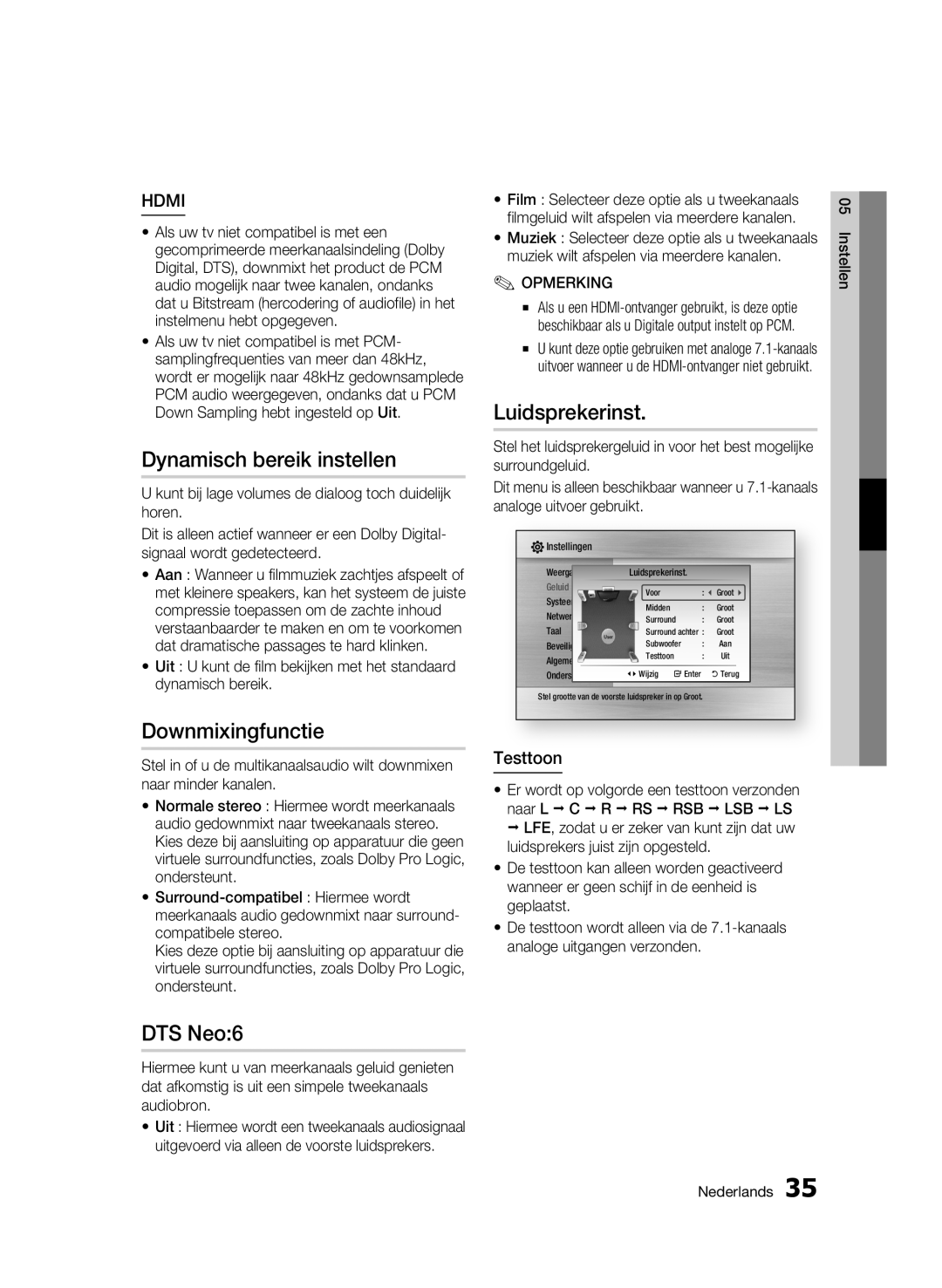 Samsung BD-C6500/EDC, BD-C6500/XEN, BD-C6500/XAA Dynamisch bereik instellen, Downmixingfunctie, Luidsprekerinst, Testtoon 