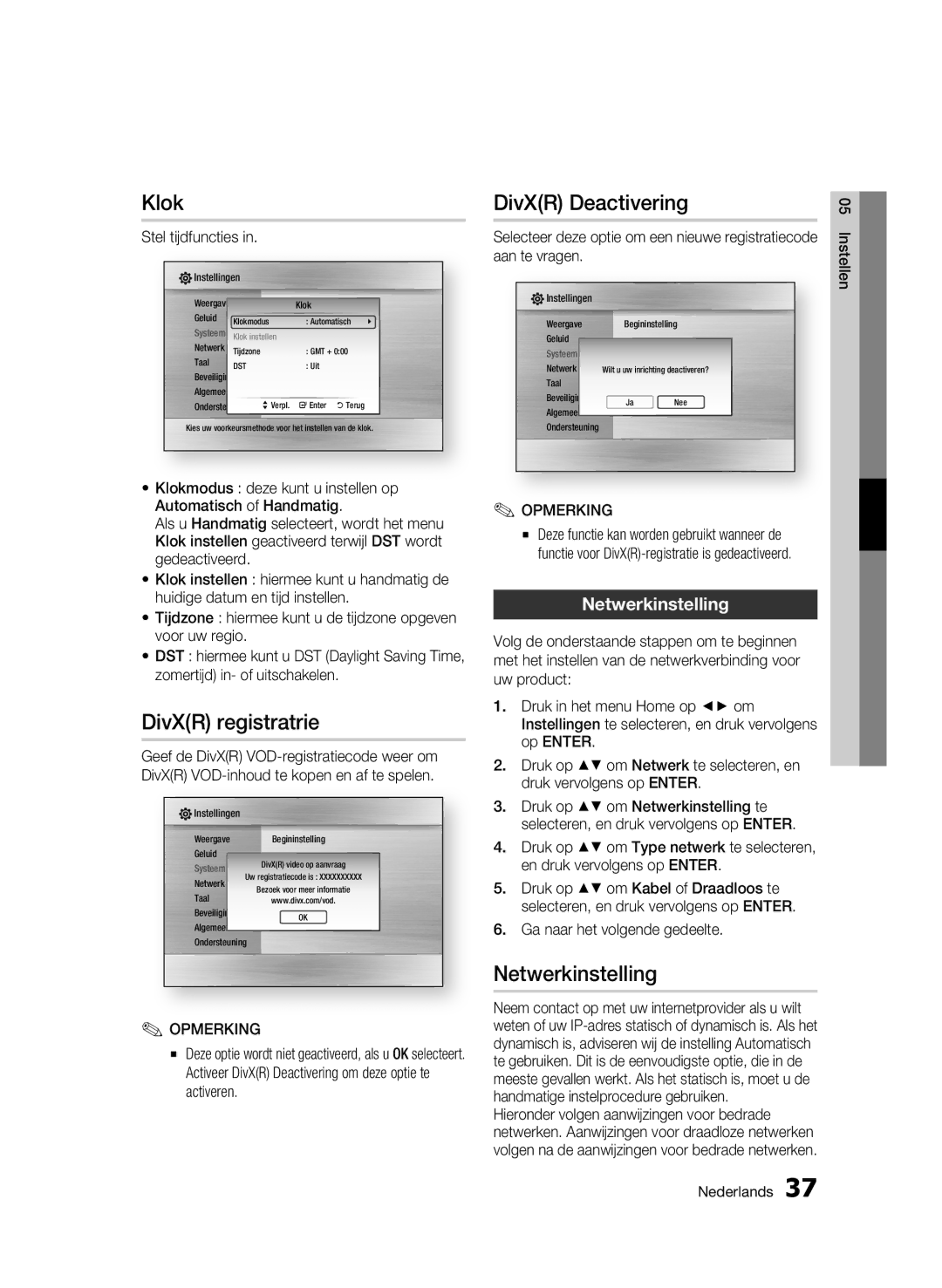 Samsung BD-C6500/XEF, BD-C6500/XEN, BD-C6500/EDC manual Klok, DivXR Deactivering, DivXR registratrie, Netwerkinstelling 