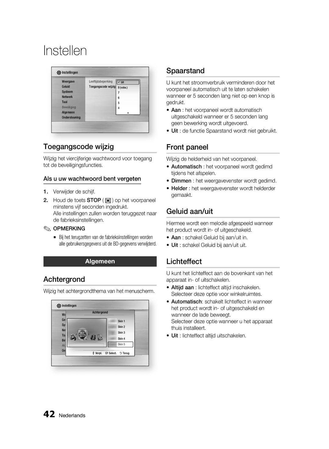 Samsung BD-C6500/XEF, BD-C6500/XEN Toegangscode wijzig, Achtergrond, Spaarstand, Front paneel, Geluid aan/uit, Lichteffect 