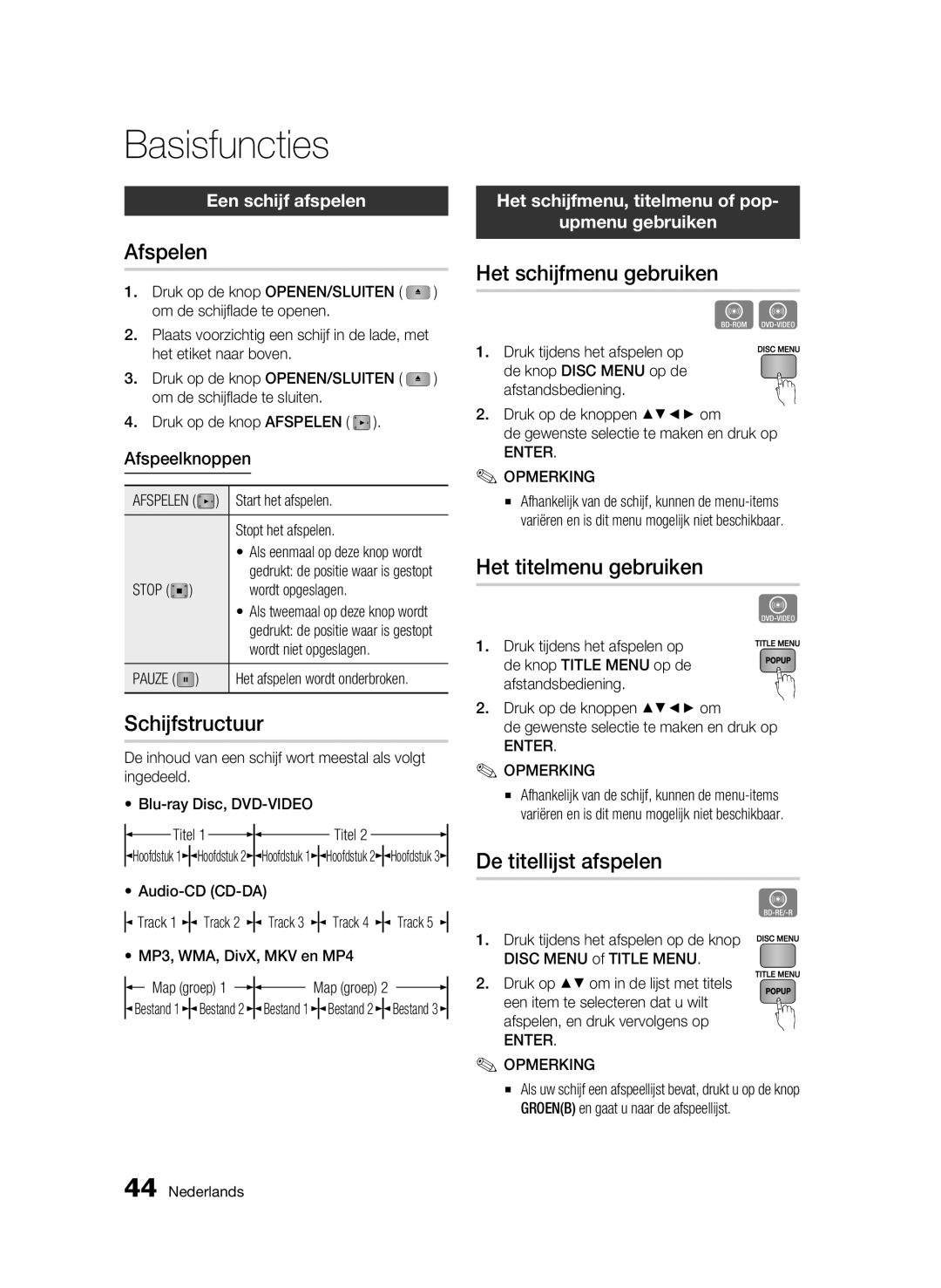 Samsung BD-C6500/XEN, BD-C6500/EDC, BD-C6500/XAA, BD-C6500/XEF, BD-C6500/XEE manual Basisfuncties 