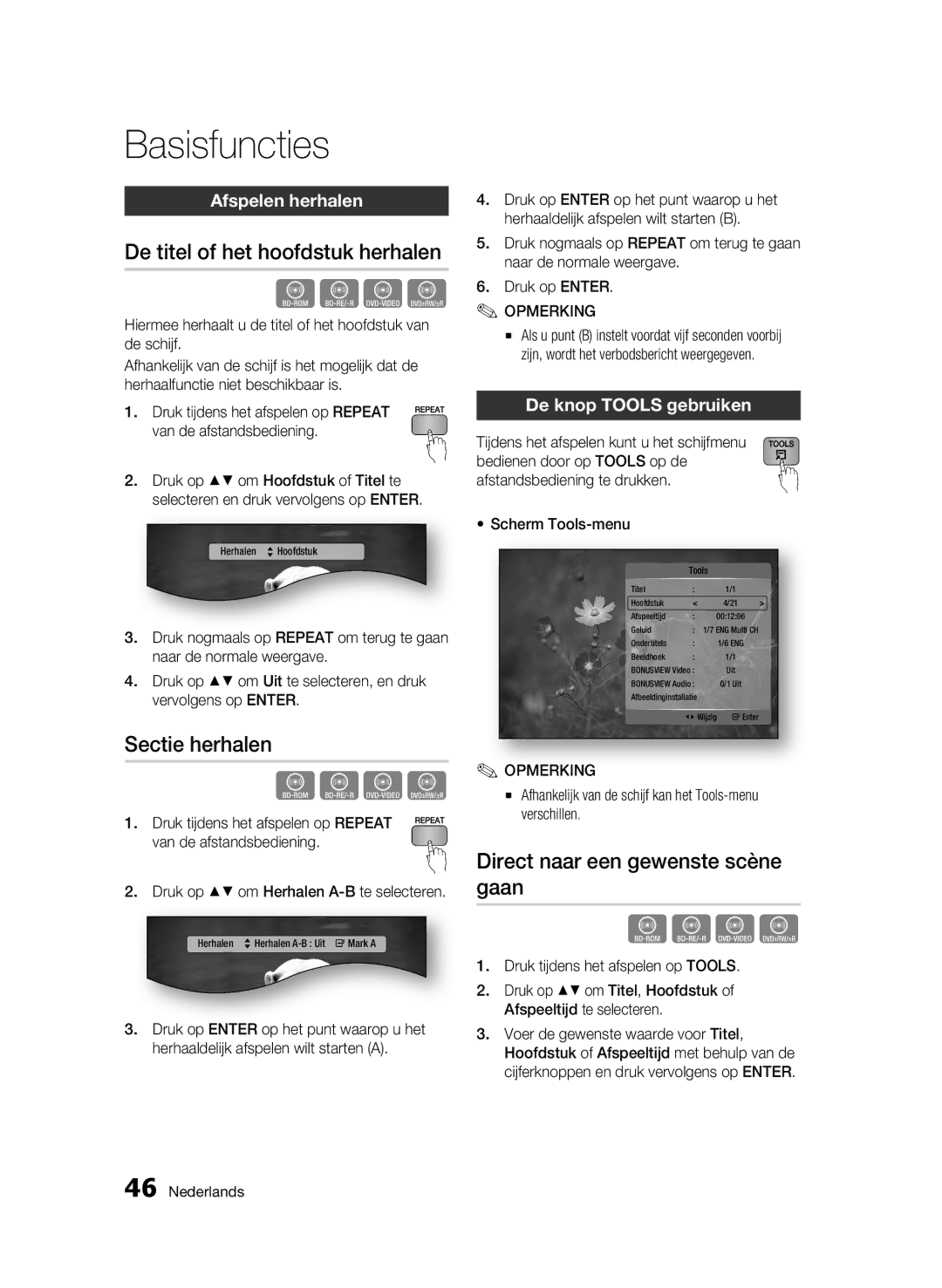 Samsung BD-C6500/XAA manual De titel of het hoofdstuk herhalen, Sectie herhalen, Direct naar een gewenste scène gaan 