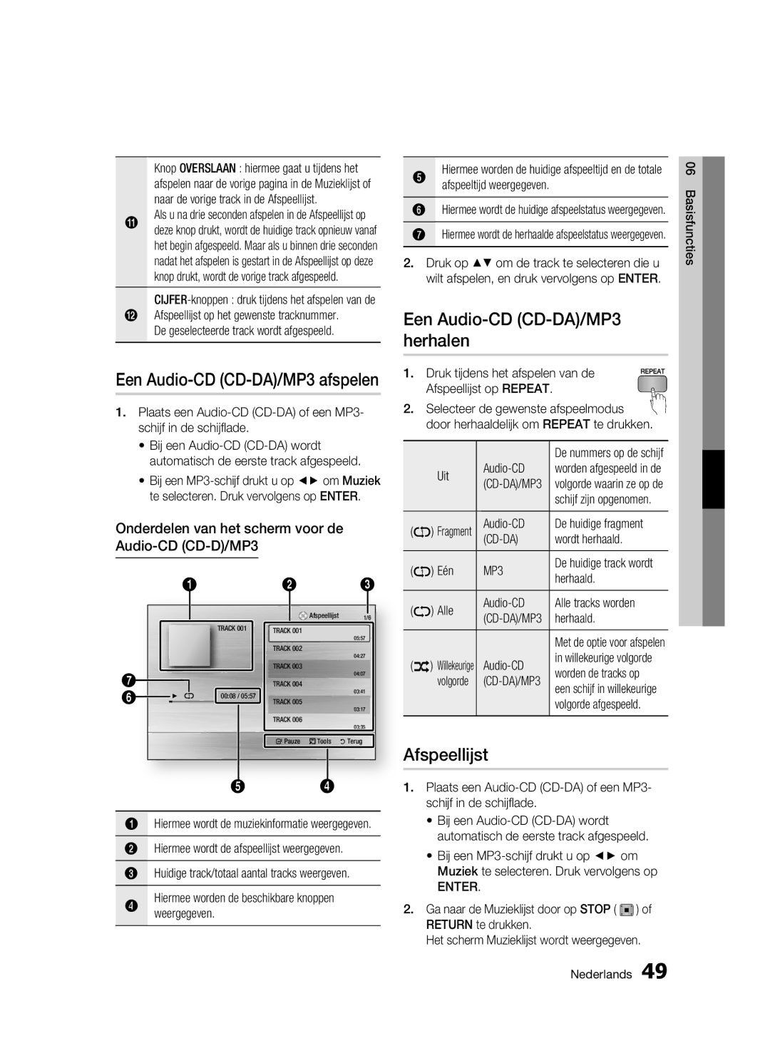 Samsung BD-C6500/XEN Een Audio-CD CD-DA/MP3 herhalen, Afspeellijst, Onderdelen van het scherm voor de Audio-CD CD-D/MP3 