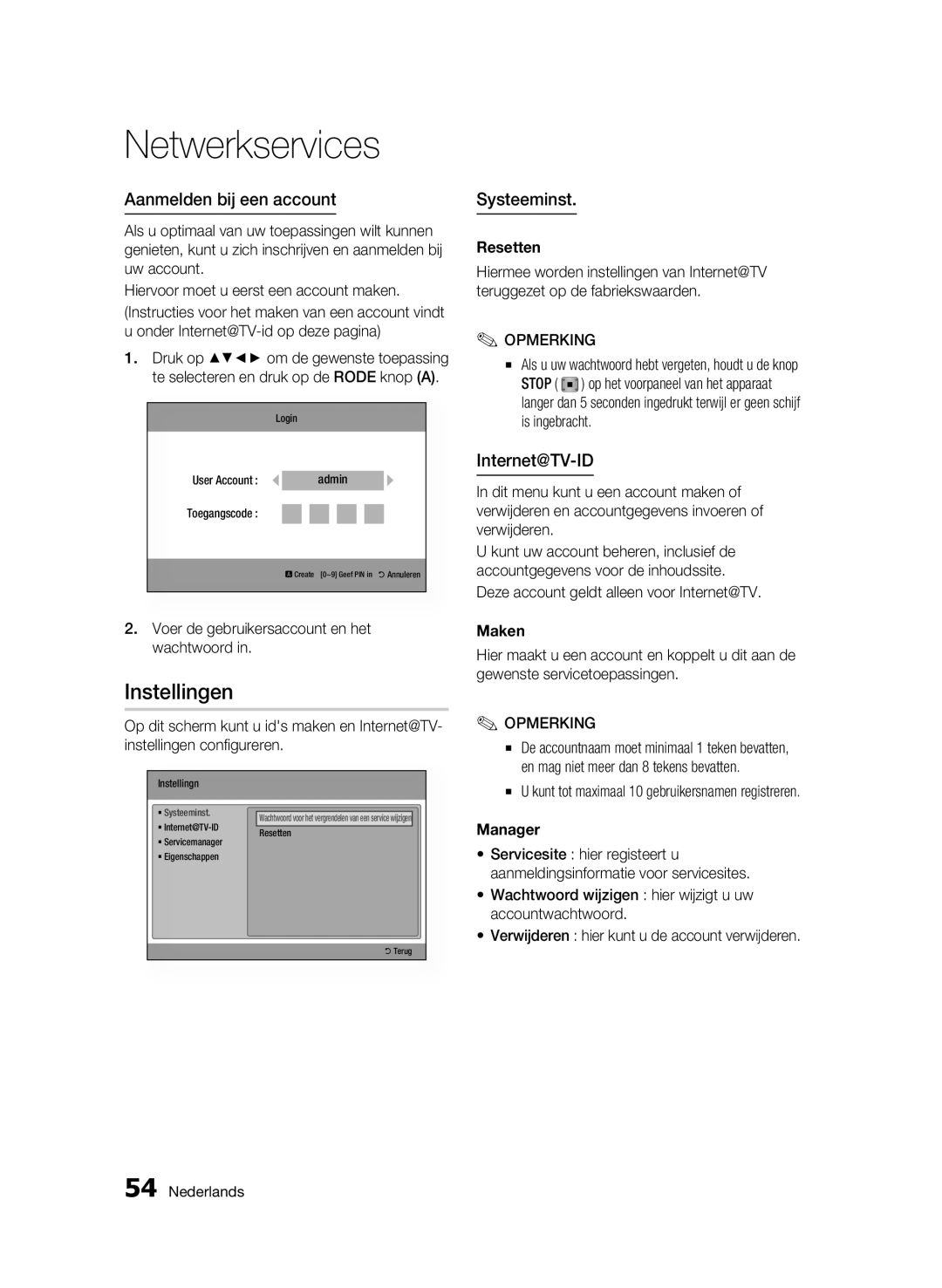 Samsung BD-C6500/XEN, BD-C6500/EDC, BD-C6500/XAA manual Instellingen, Aanmelden bij een account, Systeeminst, Internet@TV-ID 