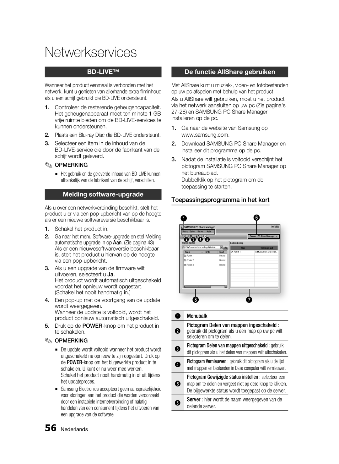 Samsung BD-C6500/XAA manual De functie AllShare gebruiken, Melding software-upgrade, Toepassingsprogramma in het kort 