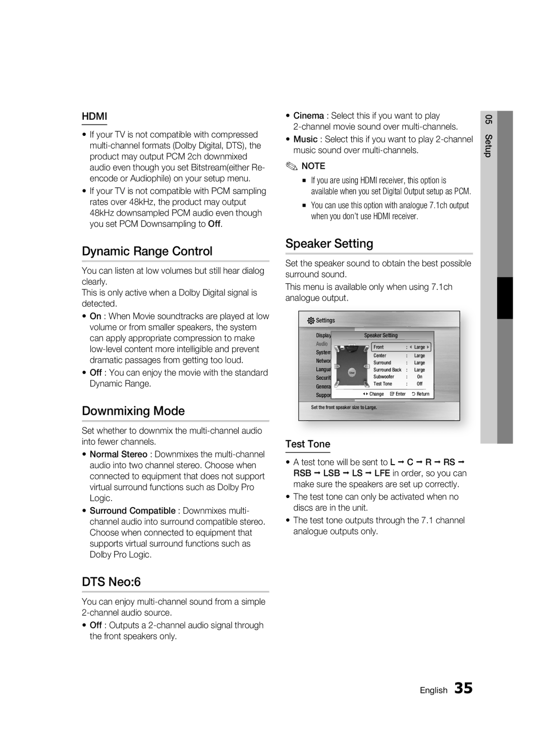 Samsung BD-C6500/XEN, BD-C6500/EDC manual Dynamic Range Control, Downmixing Mode, Speaker Setting, DTS Neo6, Test Tone 