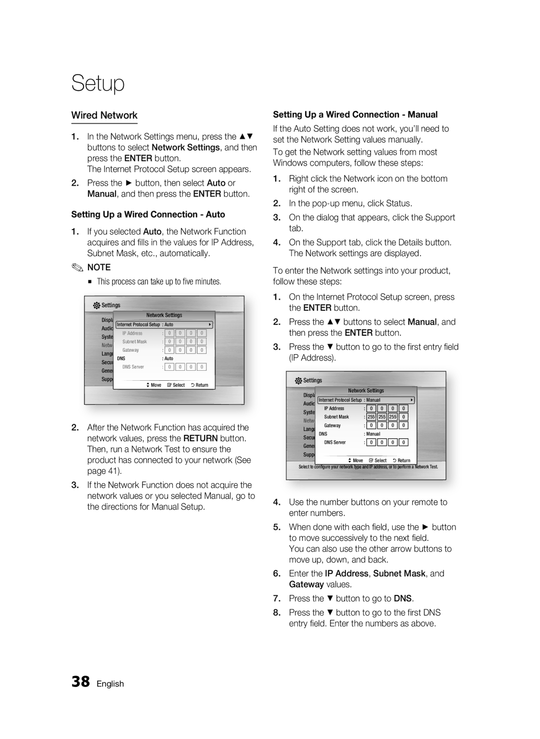 Samsung BD-C6500/XEF manual Wired Network, Setting Up a Wired Connection Auto, This process can take up to five minutes 