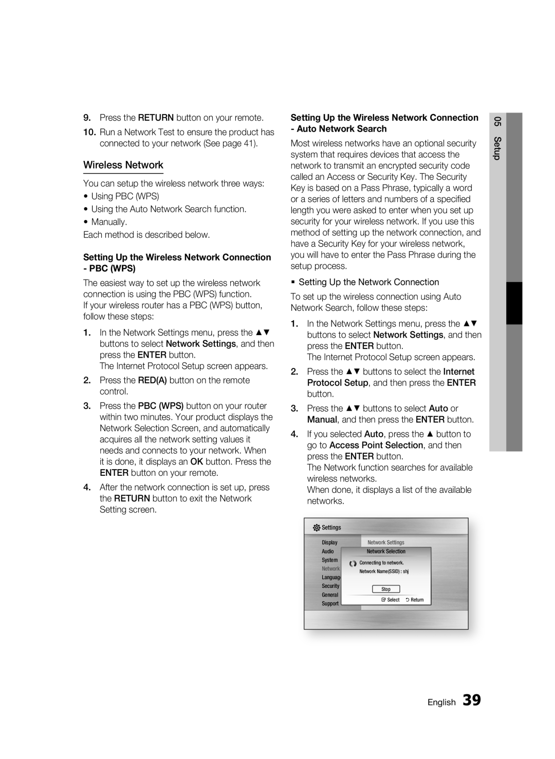 Samsung BD-C6500/XEE manual Wireless Network, Press the Return button on your remote,  Setting Up the Network Connection 