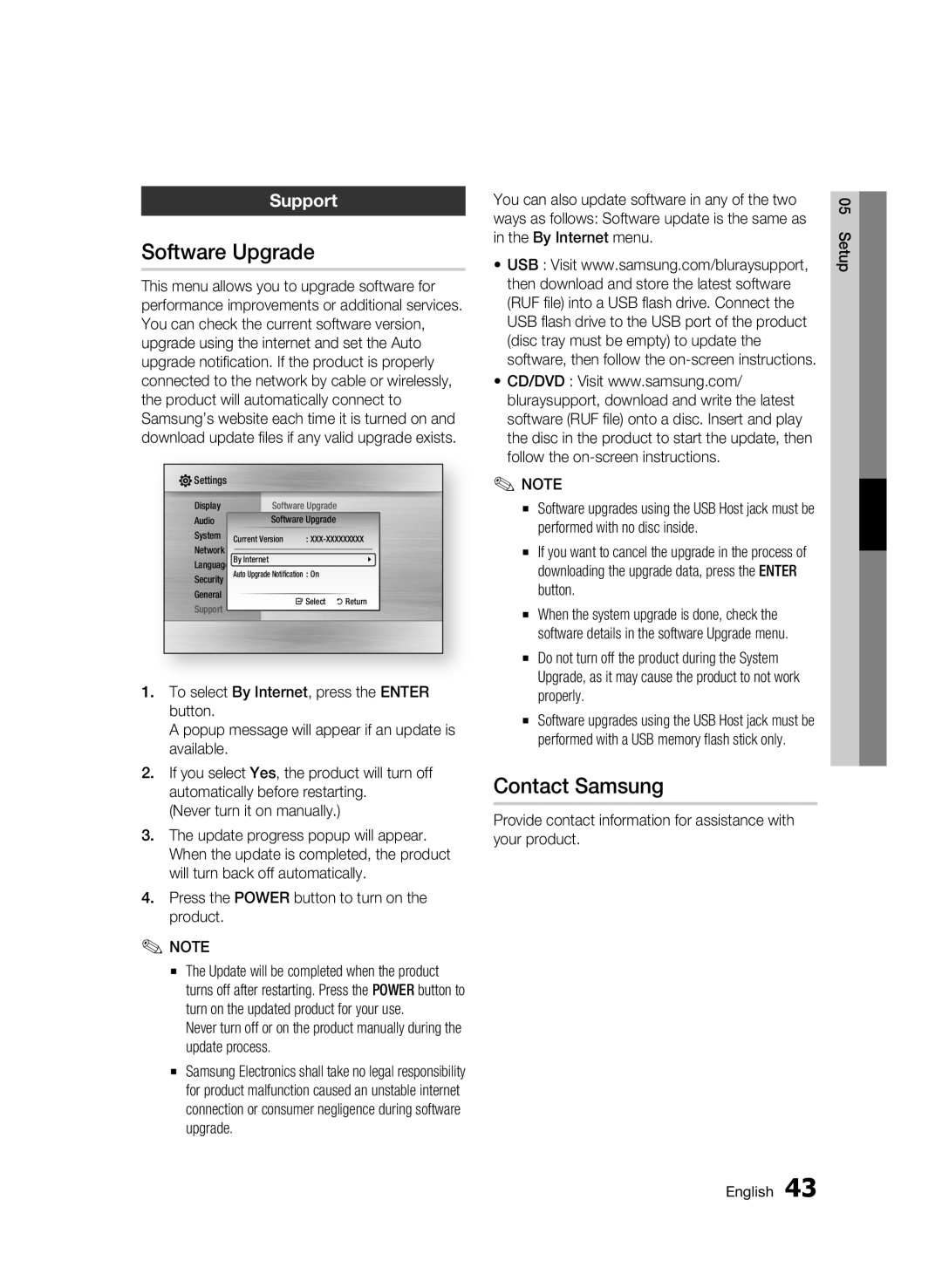 Samsung BD-C6500/XEF, BD-C6500/XEN, BD-C6500/EDC Software Upgrade, Contact Samsung, Support, Never turn it on manually 