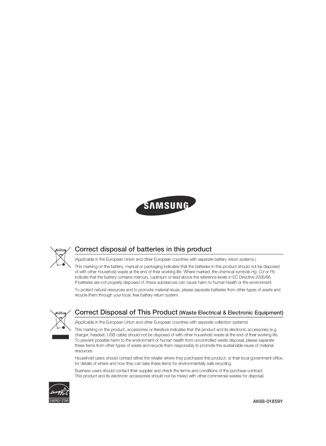 Samsung BD-C6500/XAA, BD-C6500/XEN, BD-C6500/EDC, BD-C6500/XEF Correct disposal of batteries in this product, AK68-01859Y 