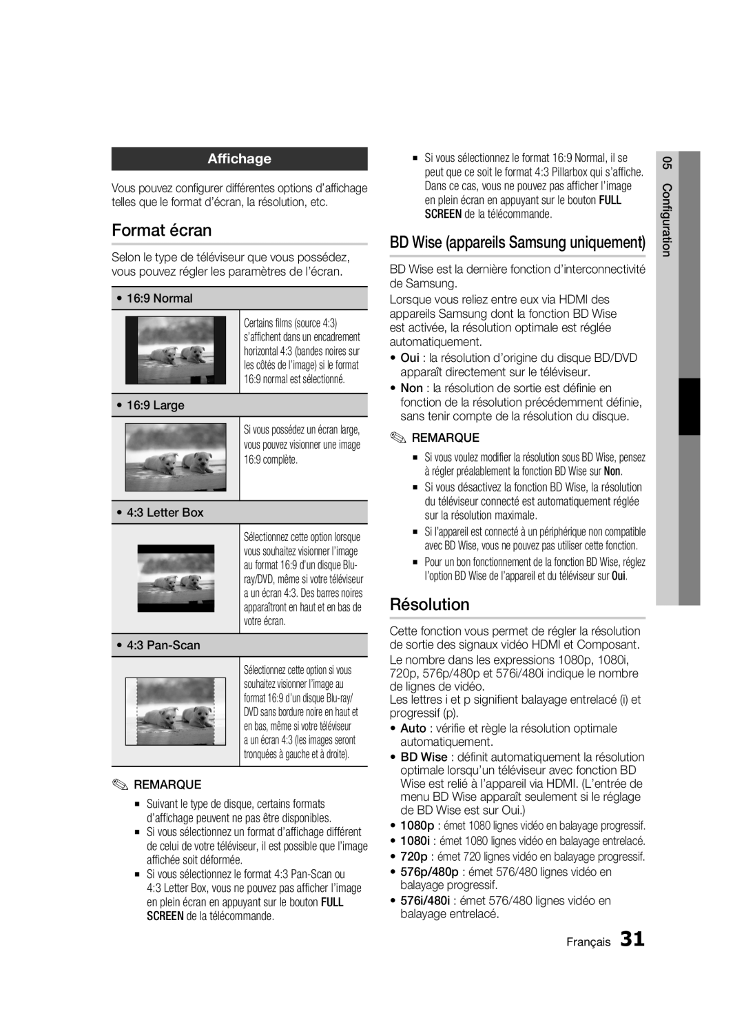 Samsung BD-C6500/XEF manual Format écran, Résolution, Affichage, Large, 720p émet 720 lignes vidéo en balayage progressif 