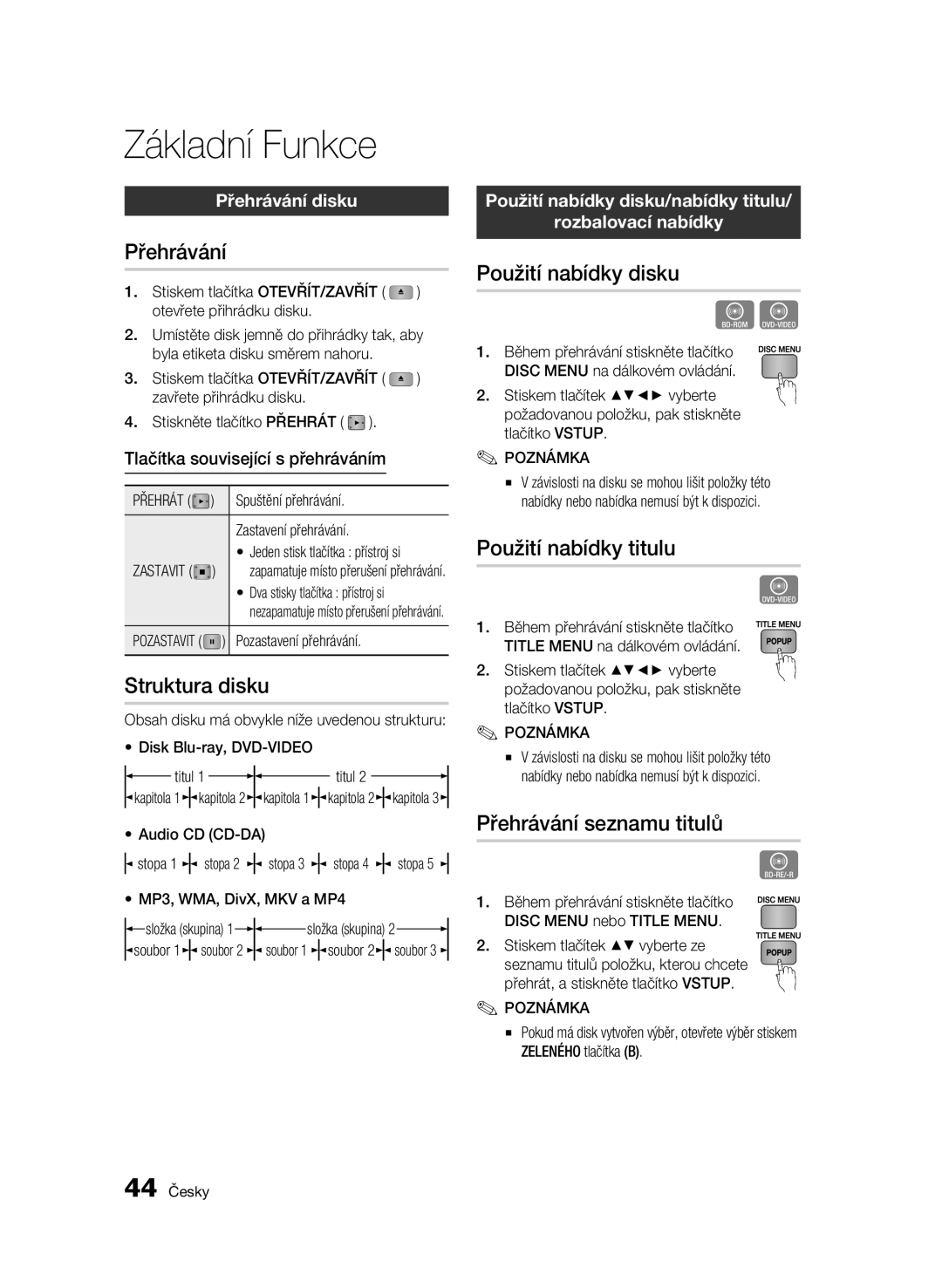 Samsung BD-C6600/EDC, BD-C6600/XEN, BD-C6600/XEE manual Základní Funkce 