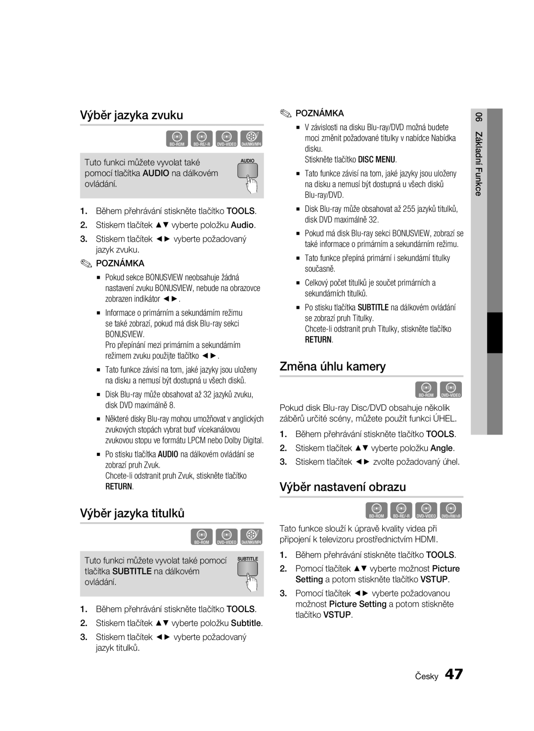 Samsung BD-C6600/EDC manual Výběr jazyka zvuku, Výběr jazyka titulků, Změna úhlu kamery, Výběr nastavení obrazu, Bonusview 