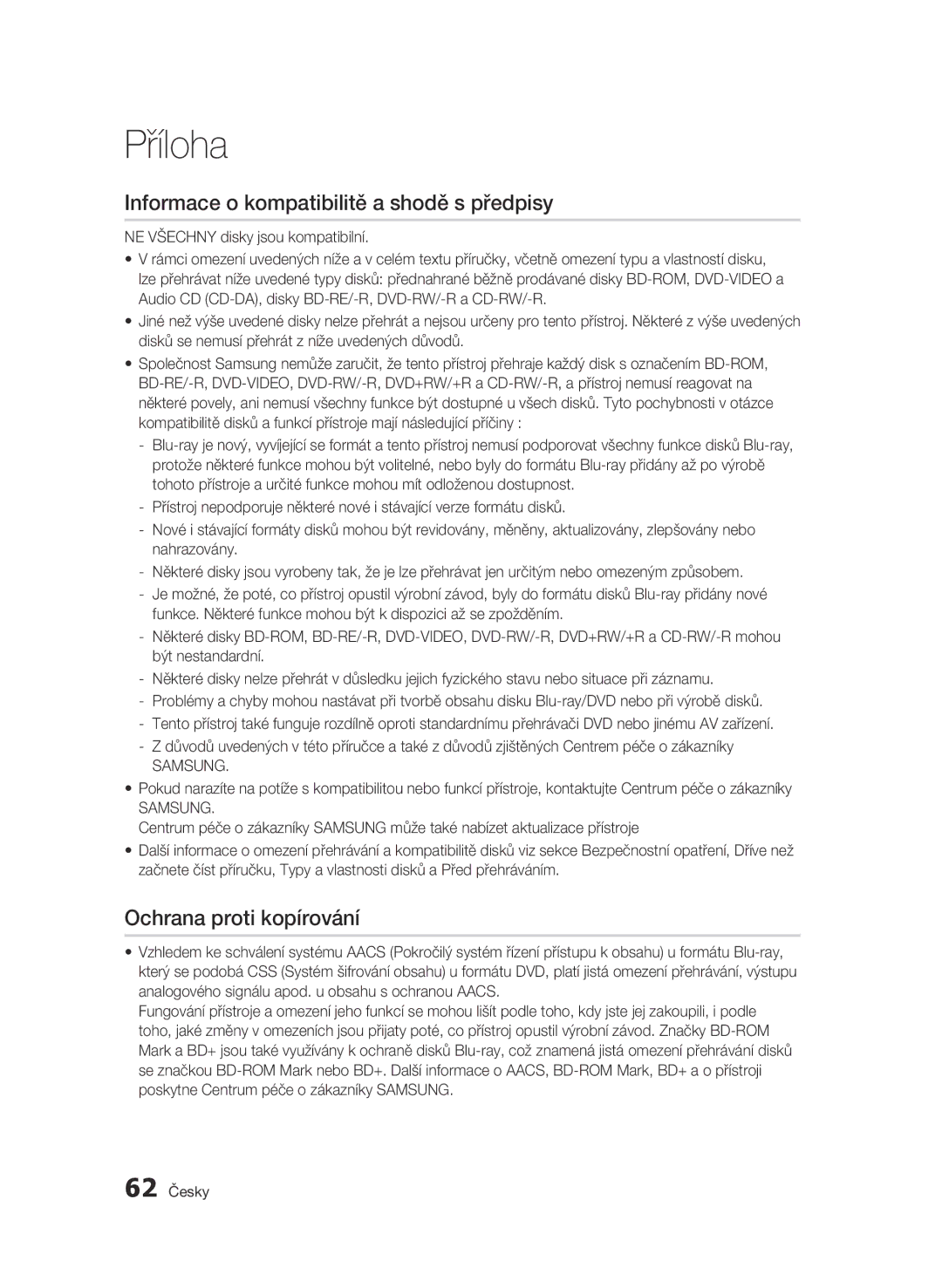 Samsung BD-C6600/EDC manual Informace o kompatibilitě a shodě s předpisy, Ochrana proti kopírování, Samsung, 62 Česky 