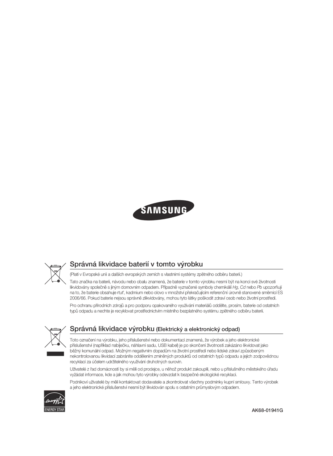 Samsung BD-C6600/XEN Správná likvidace baterií v tomto výrobku, Správná likvidace výrobku Elektrický a elektronický odpad 