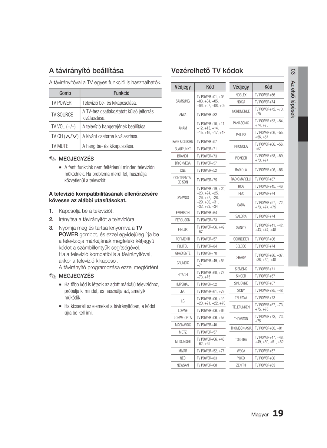 Samsung BD-C6600/XEE, BD-C6600/EDC, BD-C6600/XEN manual Távirányító beállítása, Vezérelhető TV kódok 