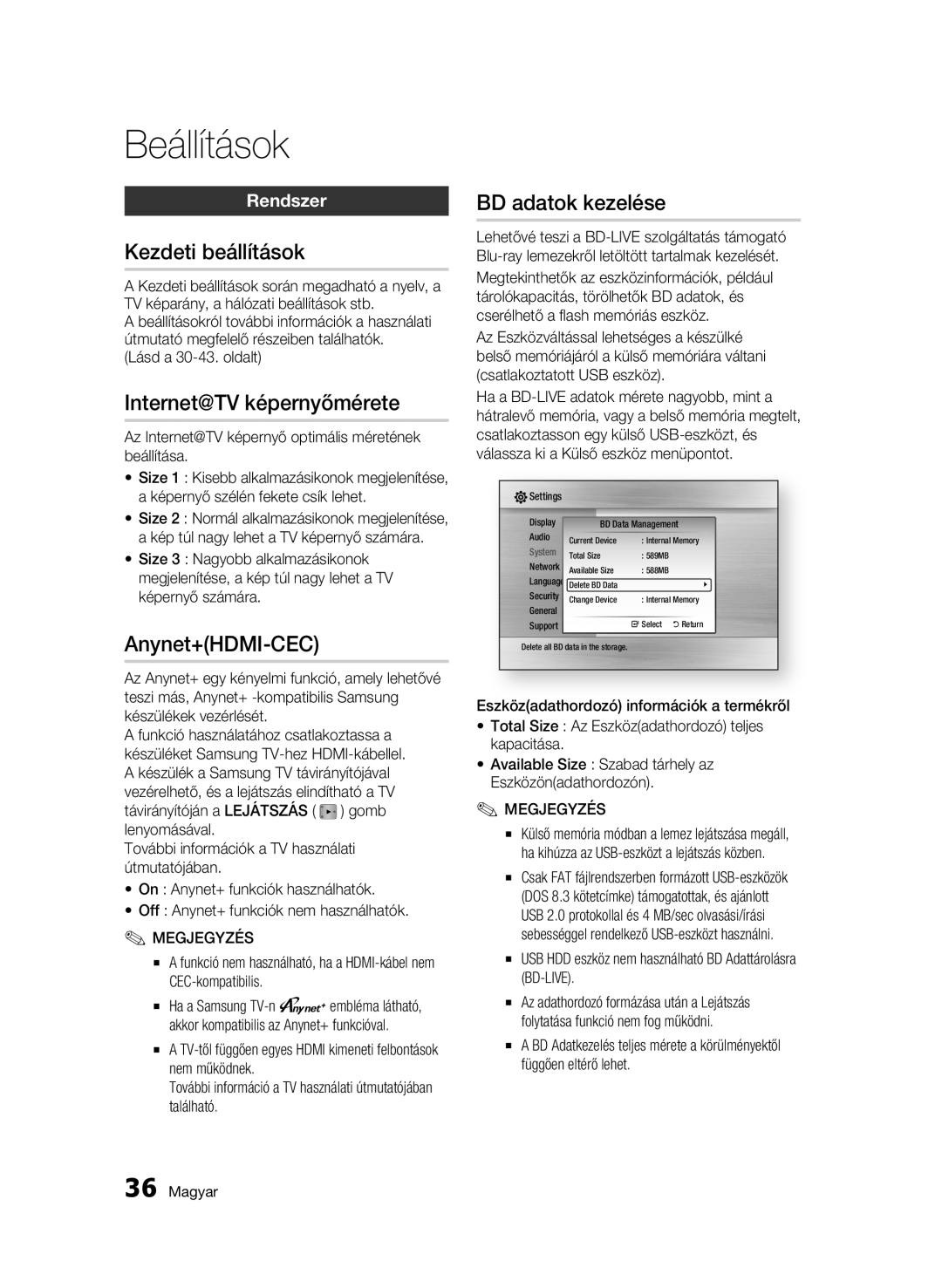 Samsung BD-C6600/XEN manual Kezdeti beállítások, Internet@TV képernyőmérete, Anynet+HDMI-CEC, BD adatok kezelése, Rendszer 