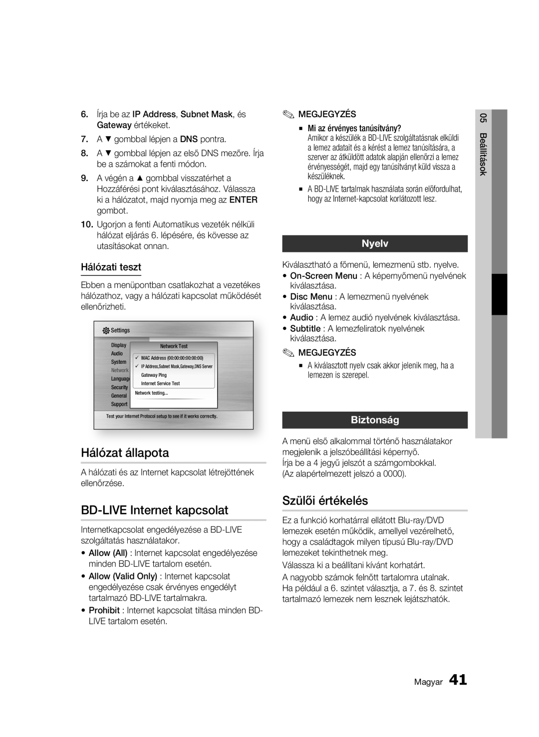 Samsung BD-C6600/EDC, BD-C6600/XEN manual Hálózat állapota, BD-LIVE Internet kapcsolat, Szülői értékelés, Nyelv, Biztonság 