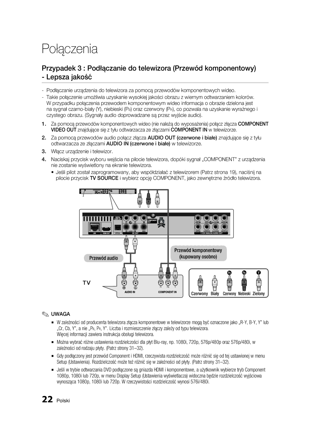 Samsung BD-C6600/XEE, BD-C6600/EDC manual Przewód komponentowy Kupowany osobno, Czerwony Biały Czerwony Niebi eski Zielony 