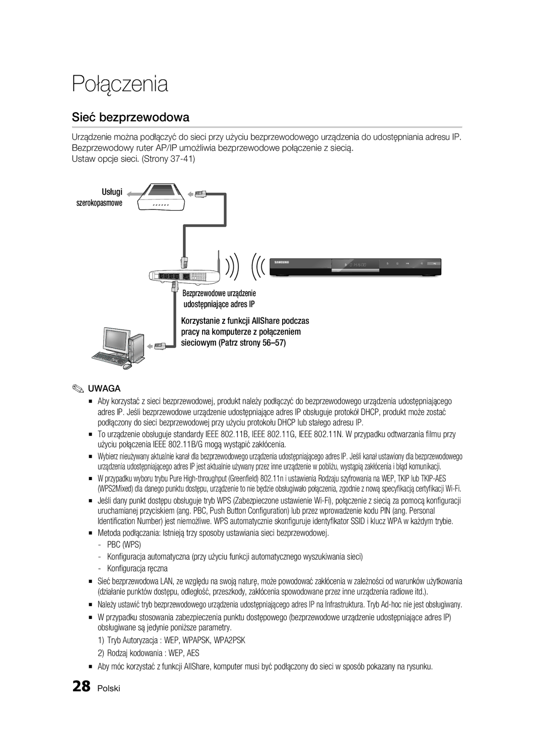 Samsung BD-C6600/XEE, BD-C6600/EDC, BD-C6600/XEN manual Sieć bezprzewodowa, Ustaw opcje sieci. Strony 