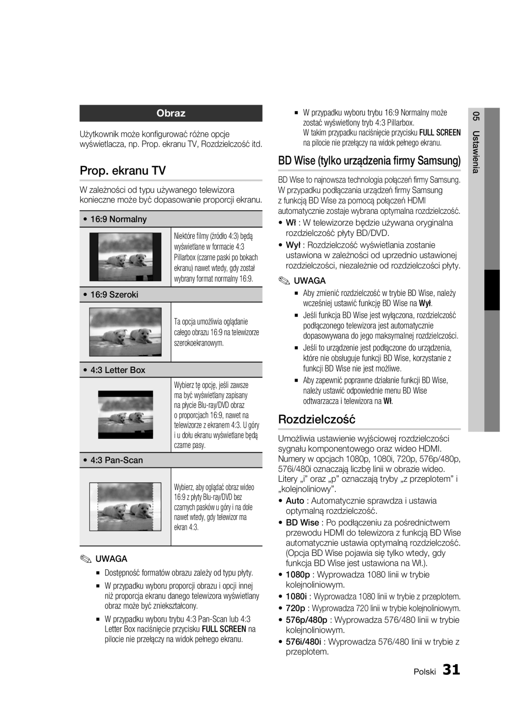 Samsung BD-C6600/XEE, BD-C6600/EDC manual Prop. ekranu TV, Rozdzielczość, Obraz, BD Wise tylko urządzenia firmy Samsung 